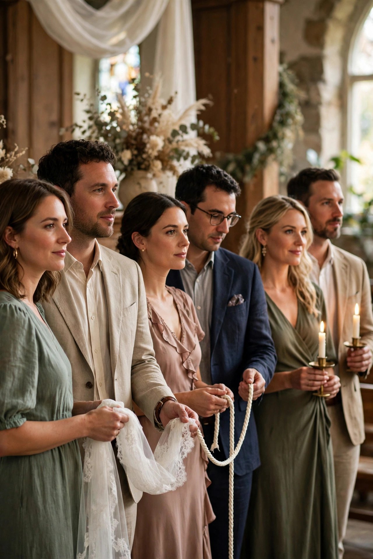 Three pairs of secondary sponsors waiting with the veil, cord and candles