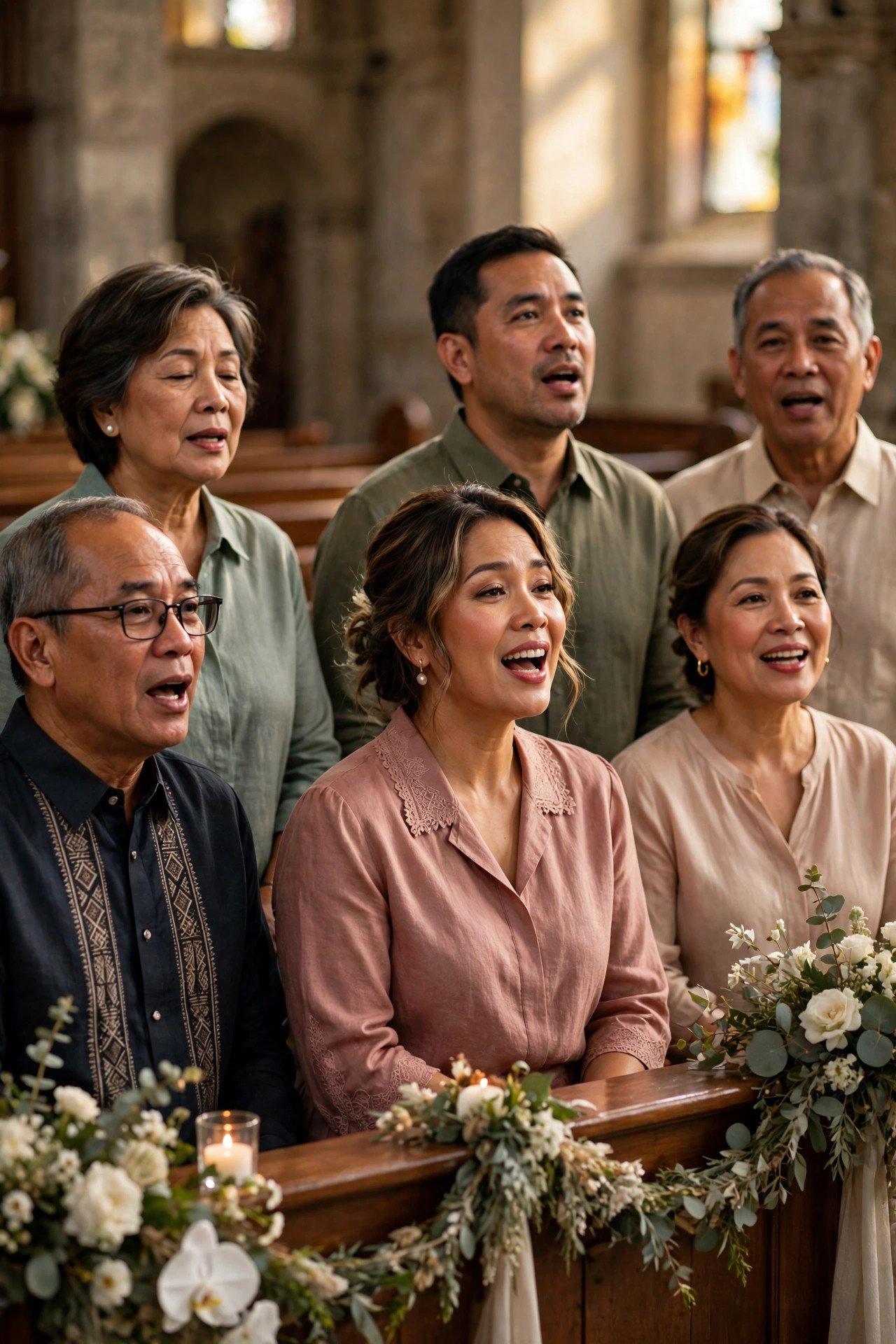 A choir singing during a Filipino wedding Mass with a family soloist
