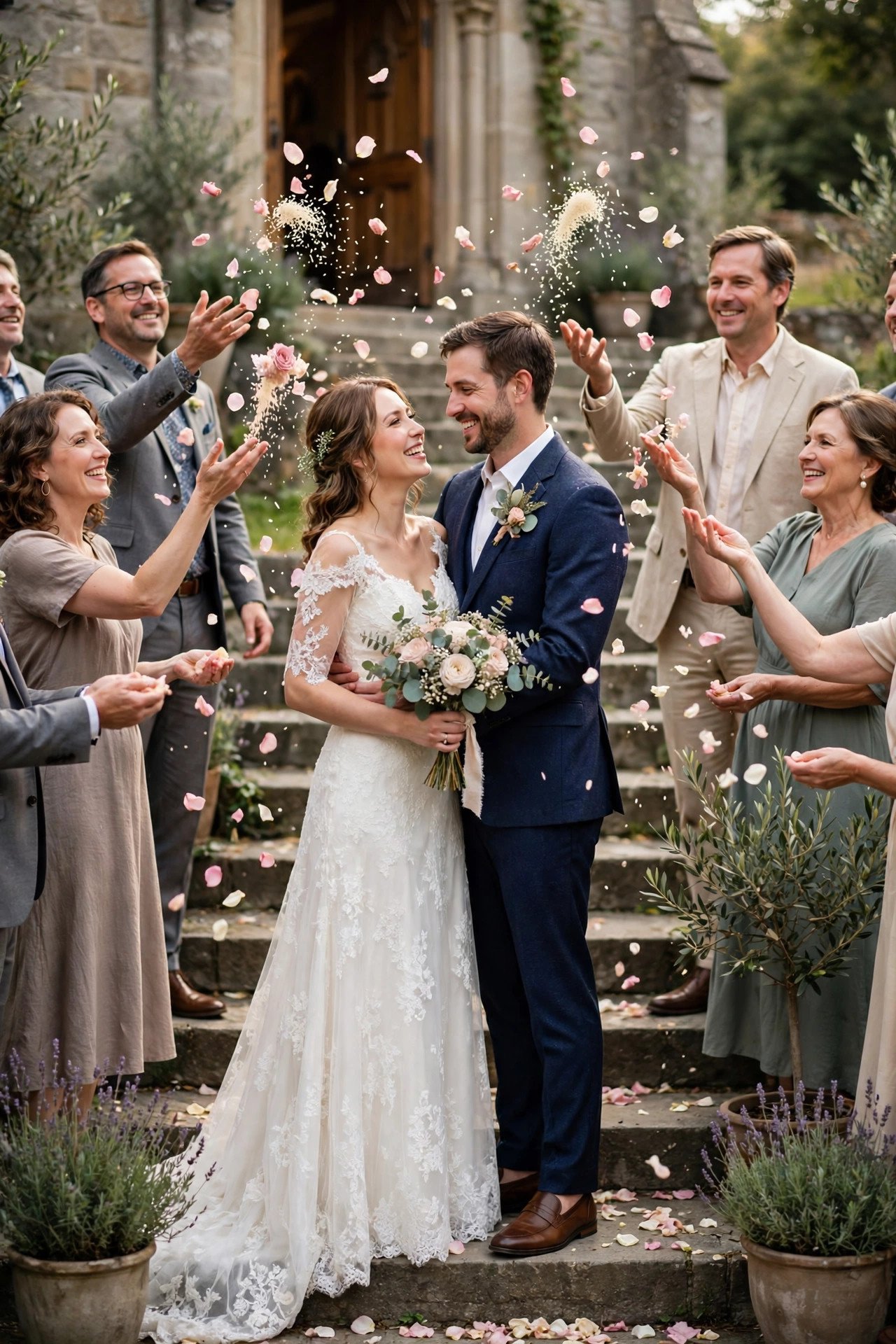 Guests showering a couple with petals on the church steps after the ceremony