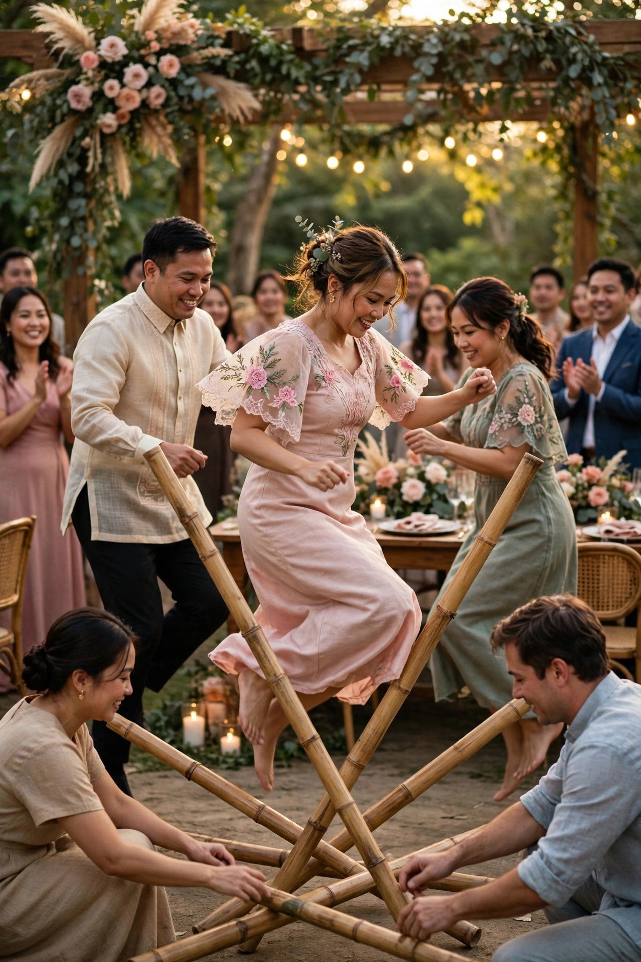 Dancers performing tinikling between bamboo poles at a wedding reception