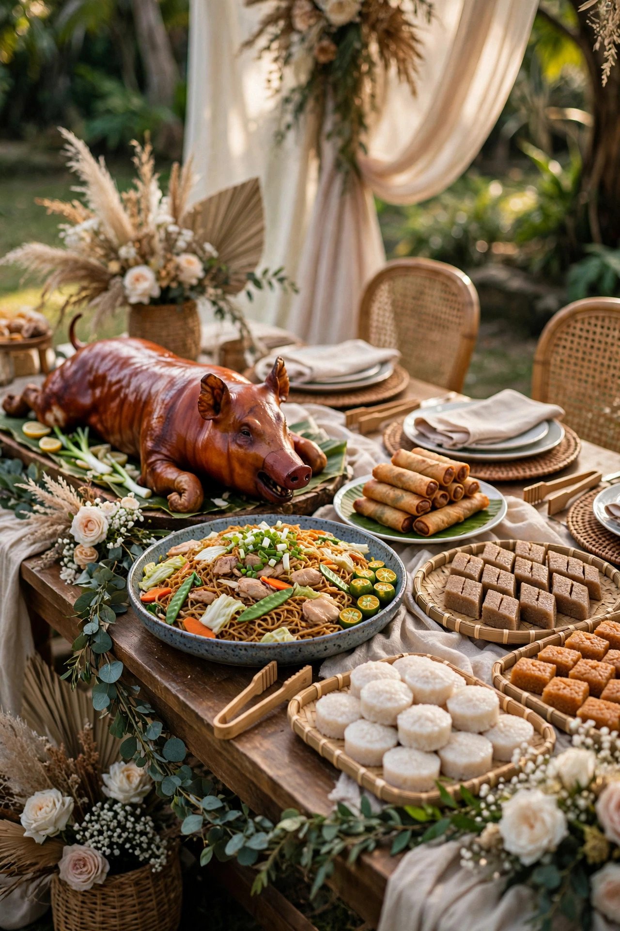 A wedding buffet with lechon, pancit, lumpia and rice cakes
