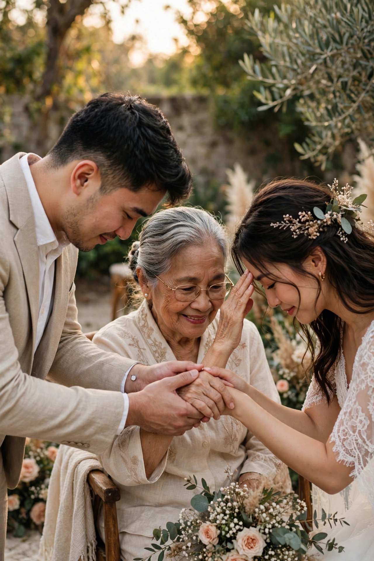 A young couple performing the mano blessing gesture with a grandmother