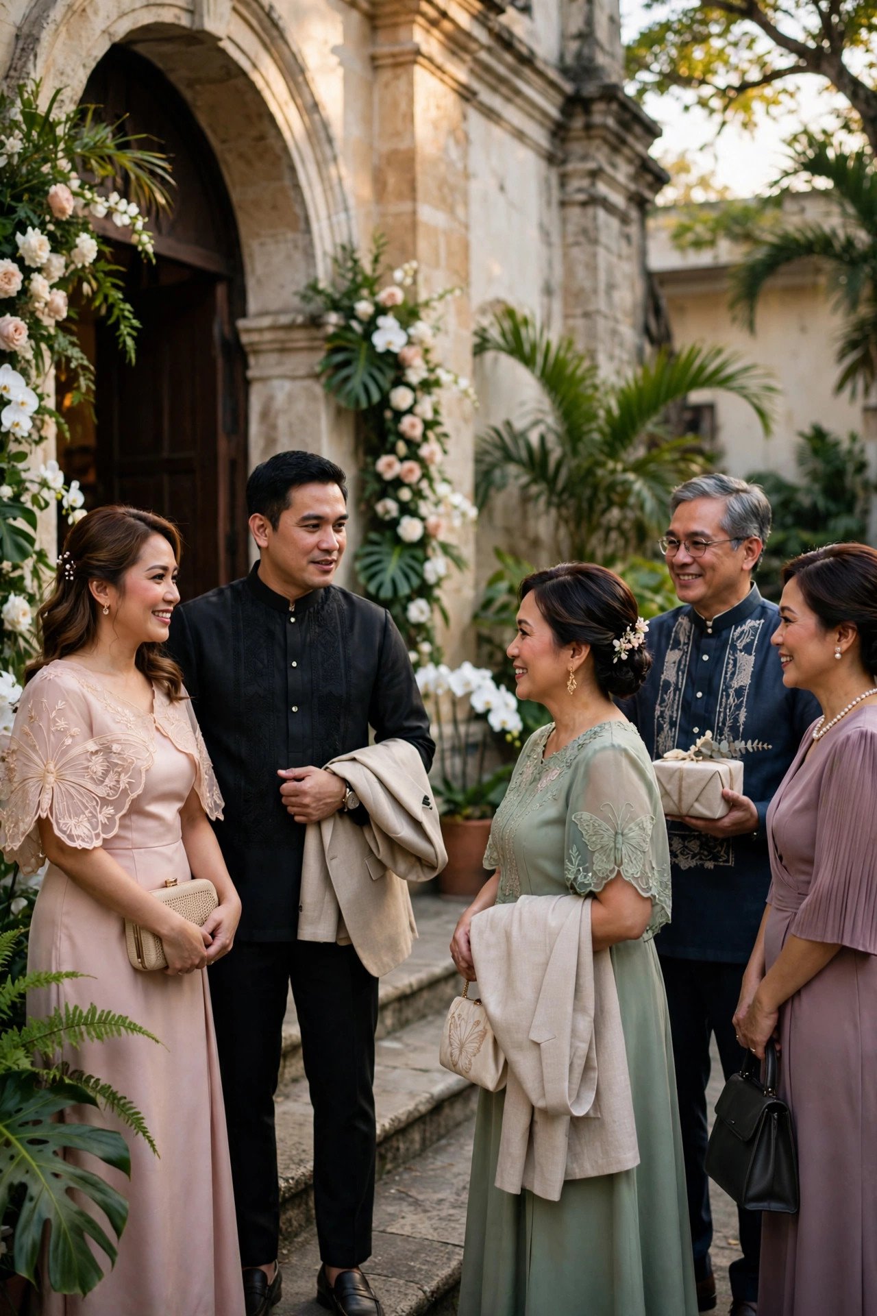Formally dressed guests arriving at a church for a Filipino wedding