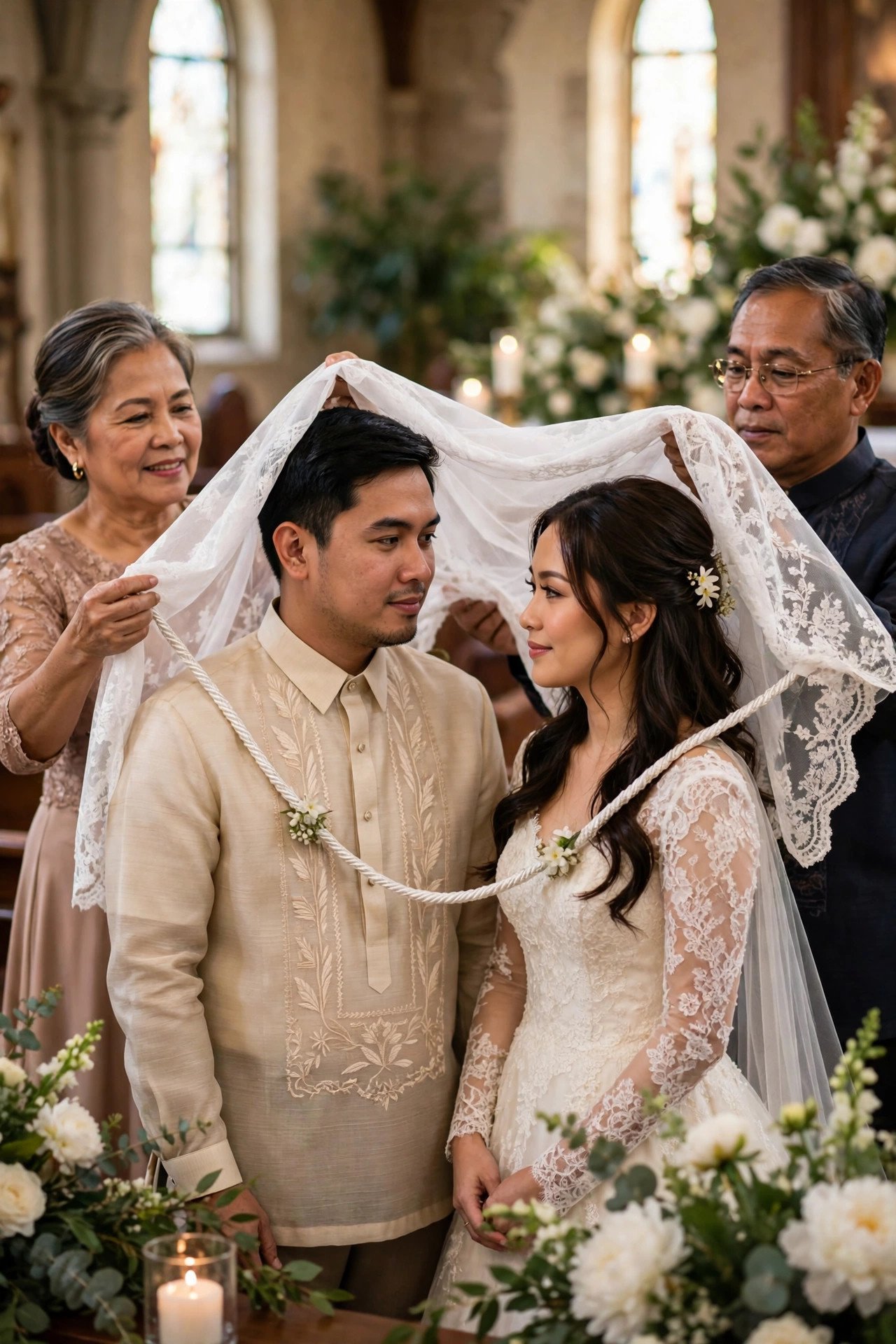 A Filipino couple during the cord and veil ceremony with sponsors draping a white veil over them in a church