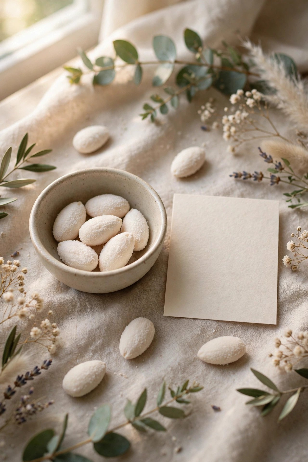 A bowl of white sugared almonds with a card listing the five traditional wishes