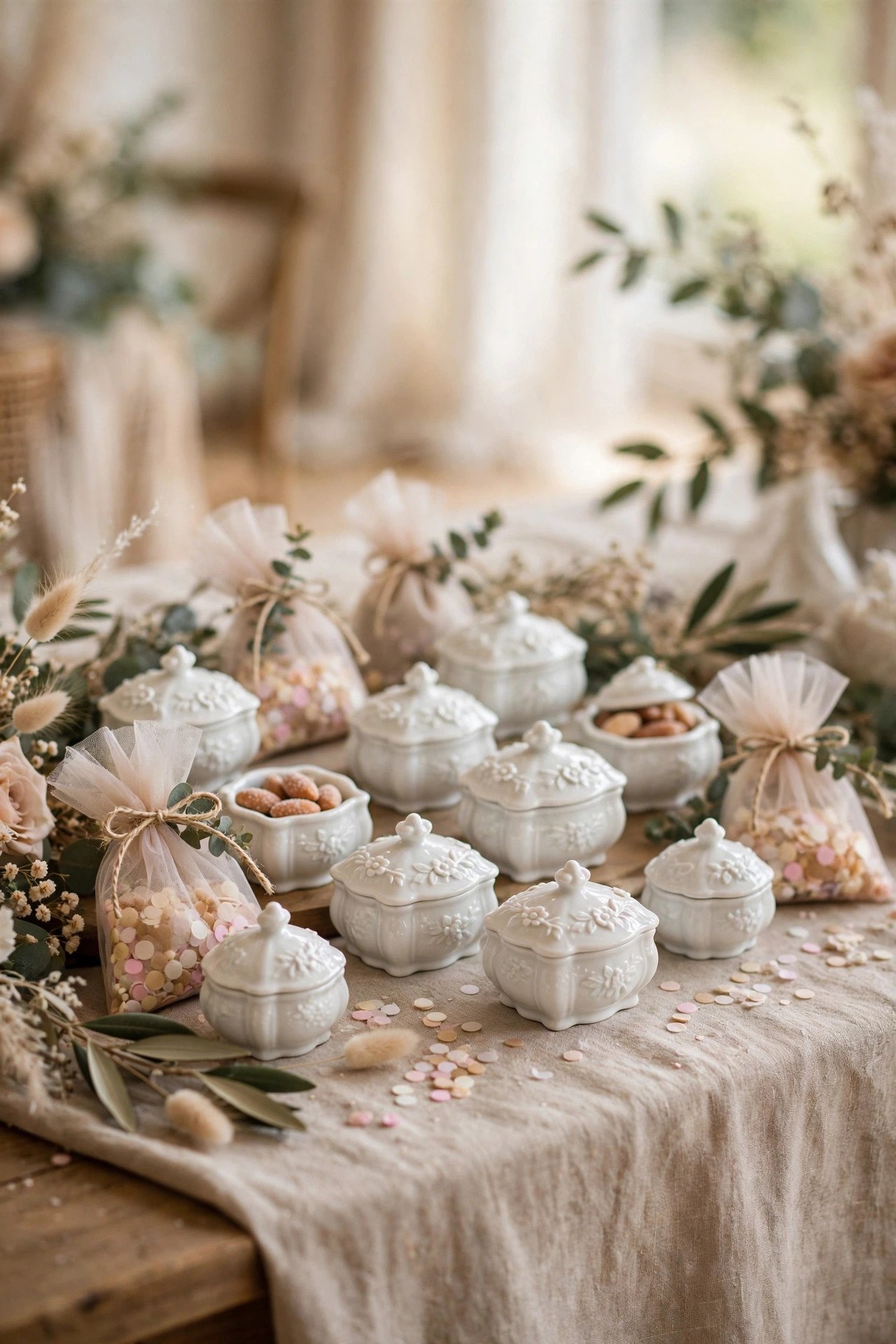 A display table of porcelain bomboniere favors with tulle sachets of confetti