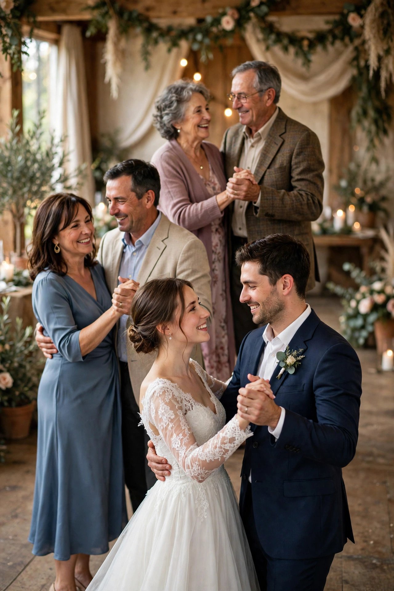 A couple waltzing as parents and grandparents join the floor in sequence