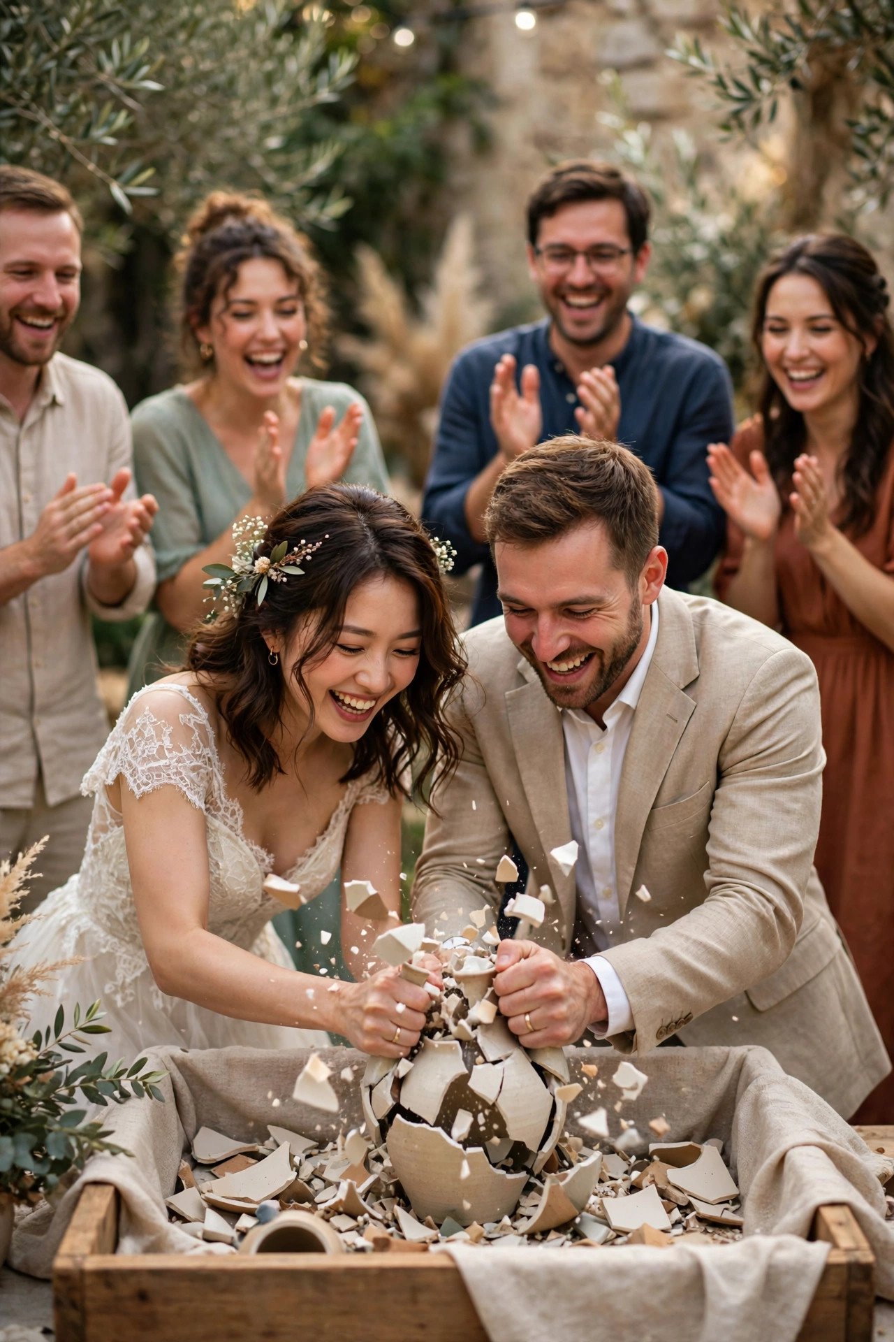 A couple breaking a ceramic vase together in a cloth-lined box as guests count