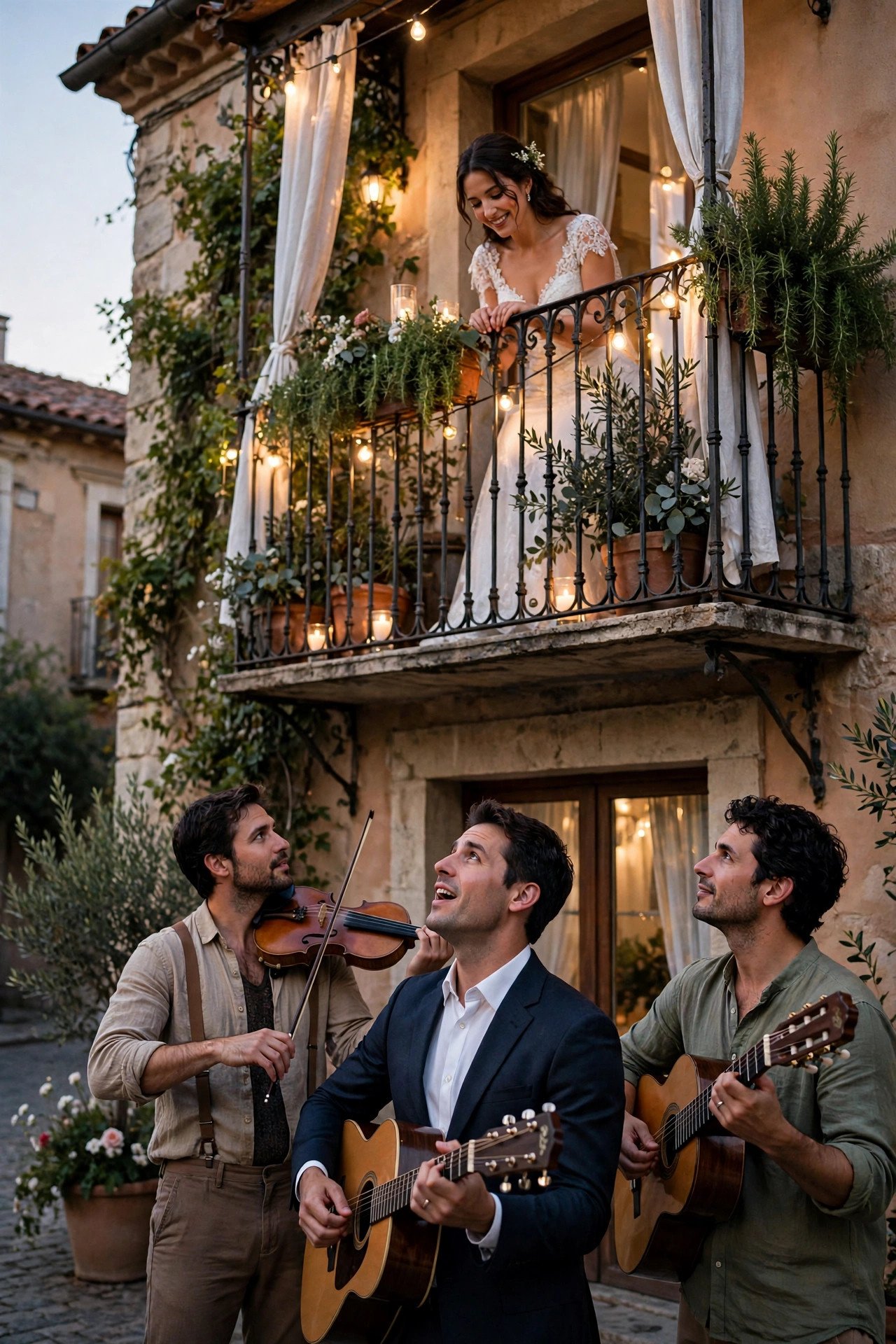 A groom singing with musicians beneath a bride's balcony the night before the wedding