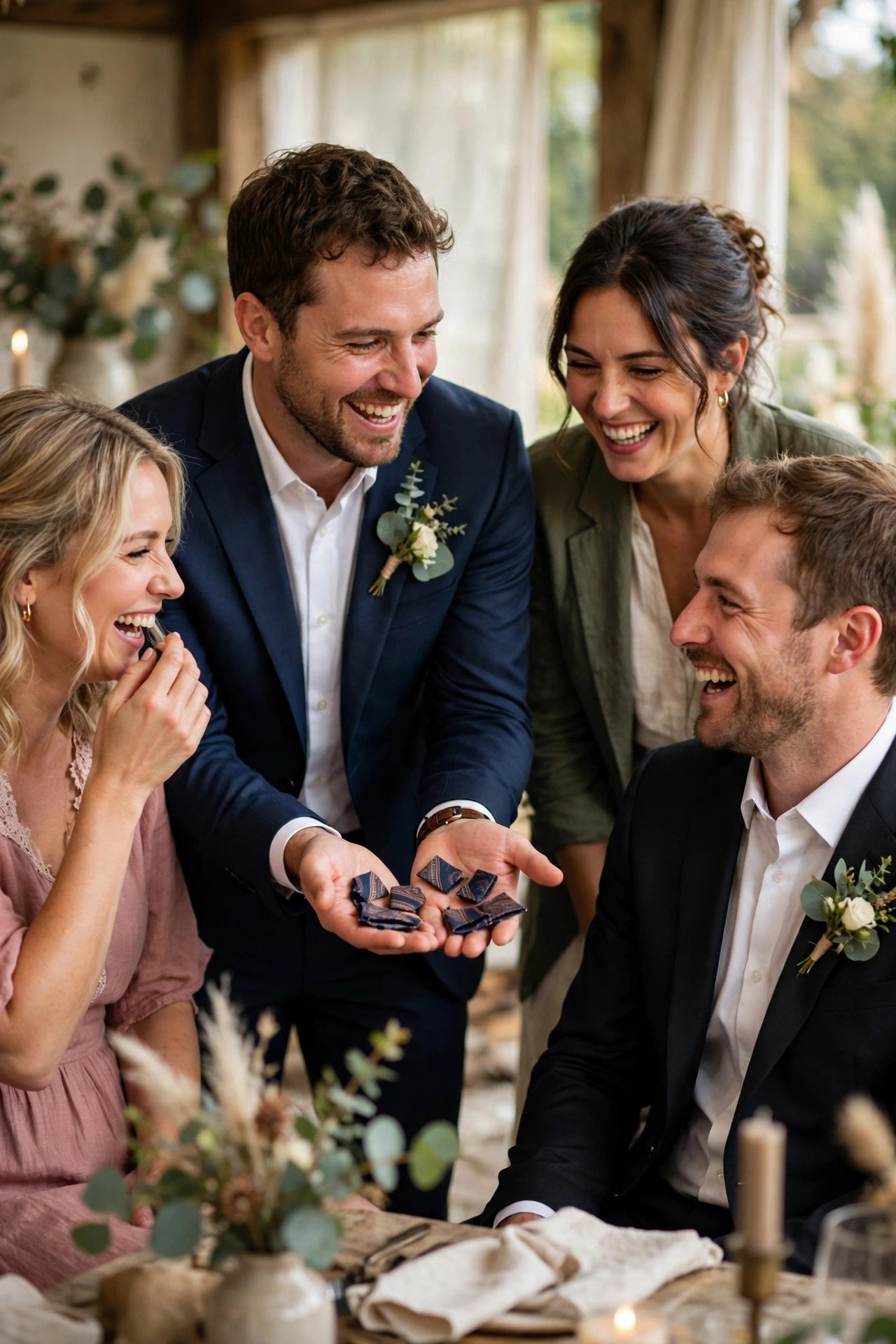 A best man playfully offering pieces of the groom's tie to laughing guests