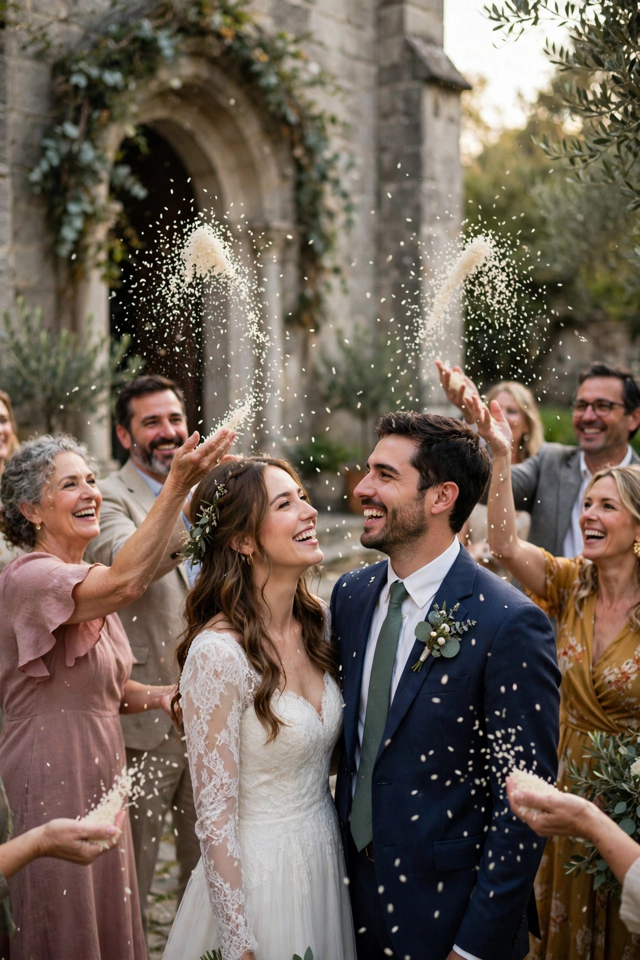 Guests showering a couple with rice outside a church
