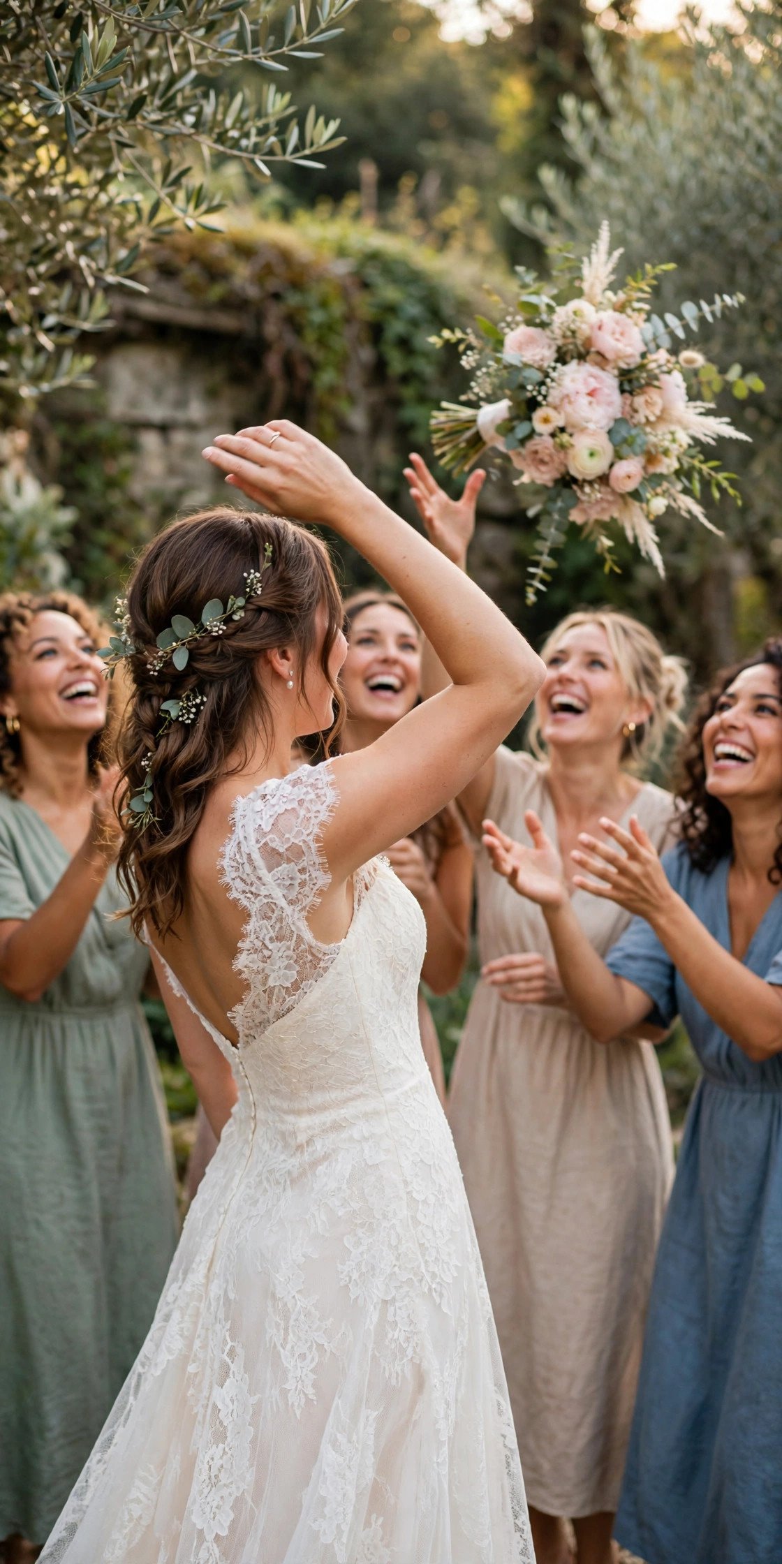 A bride throwing her bouquet backwards over her shoulder to laughing friends
