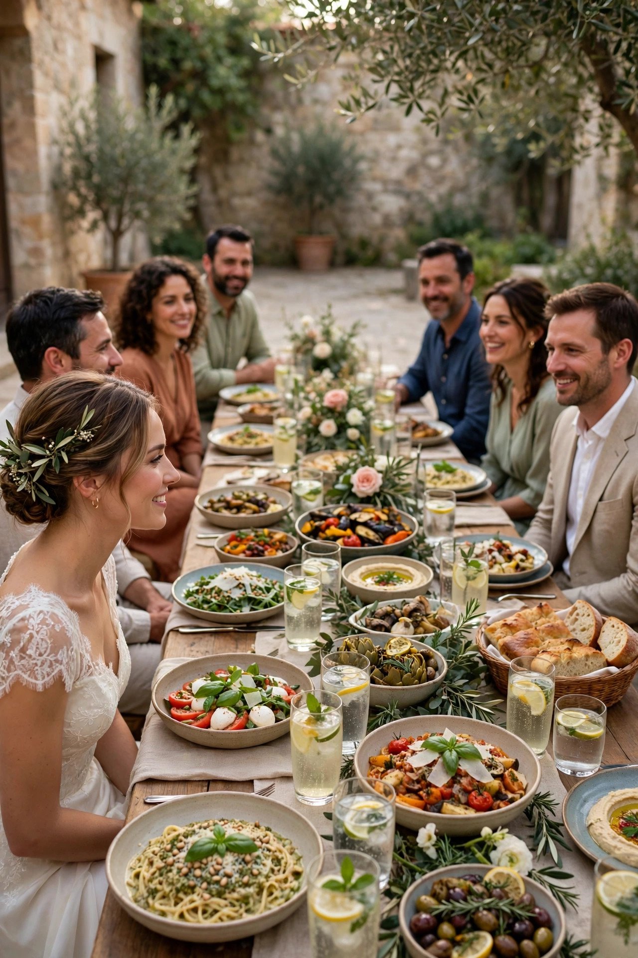 A long banquet table with antipasti, pasta courses and family-style dishes