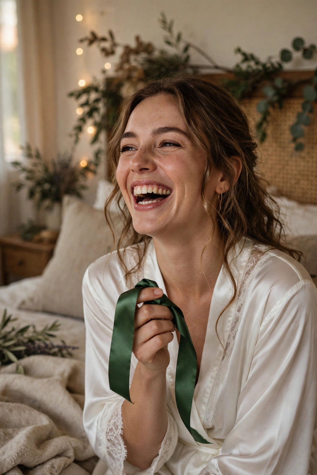 A bride laughing while holding a green ribbon the night before her wedding