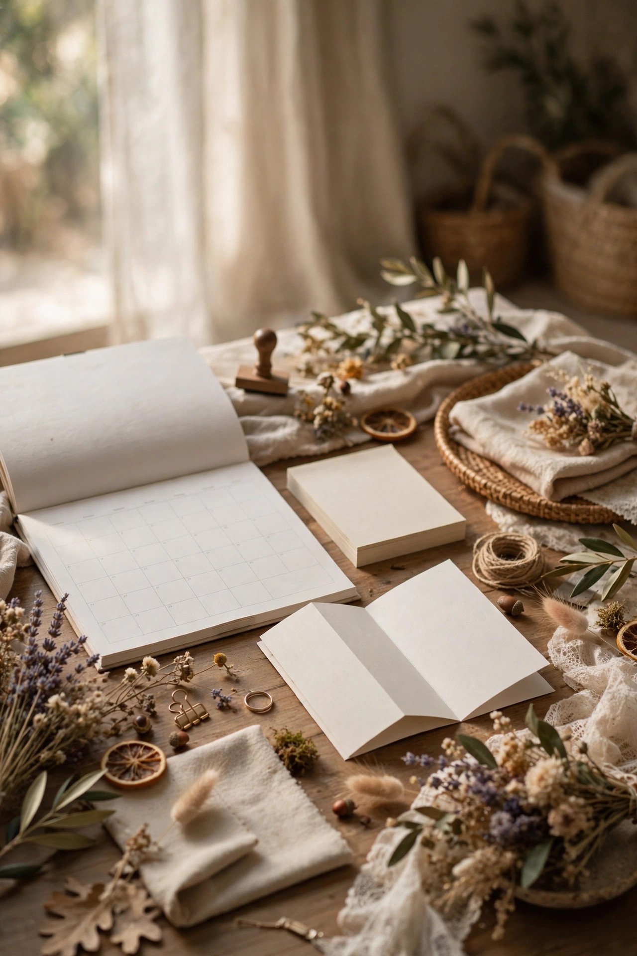 A calendar and wedding planning notes on a table with a villa brochure
