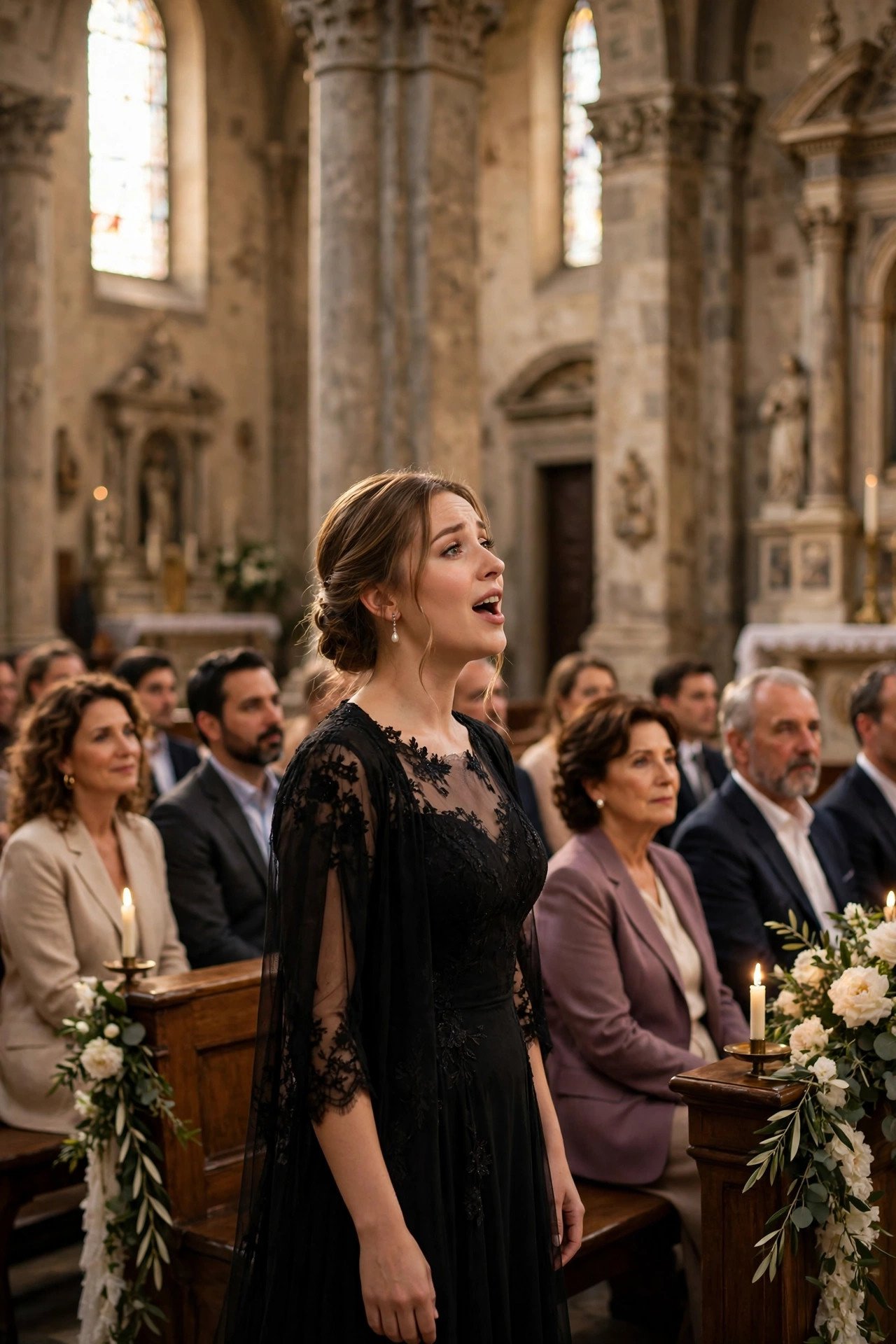 A soprano singing during an Italian church wedding as guests listen