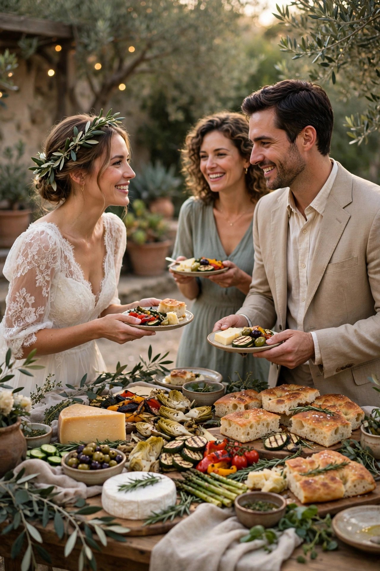 Antipasti stations with cheeses, cured meats, focaccia and grilled vegetables