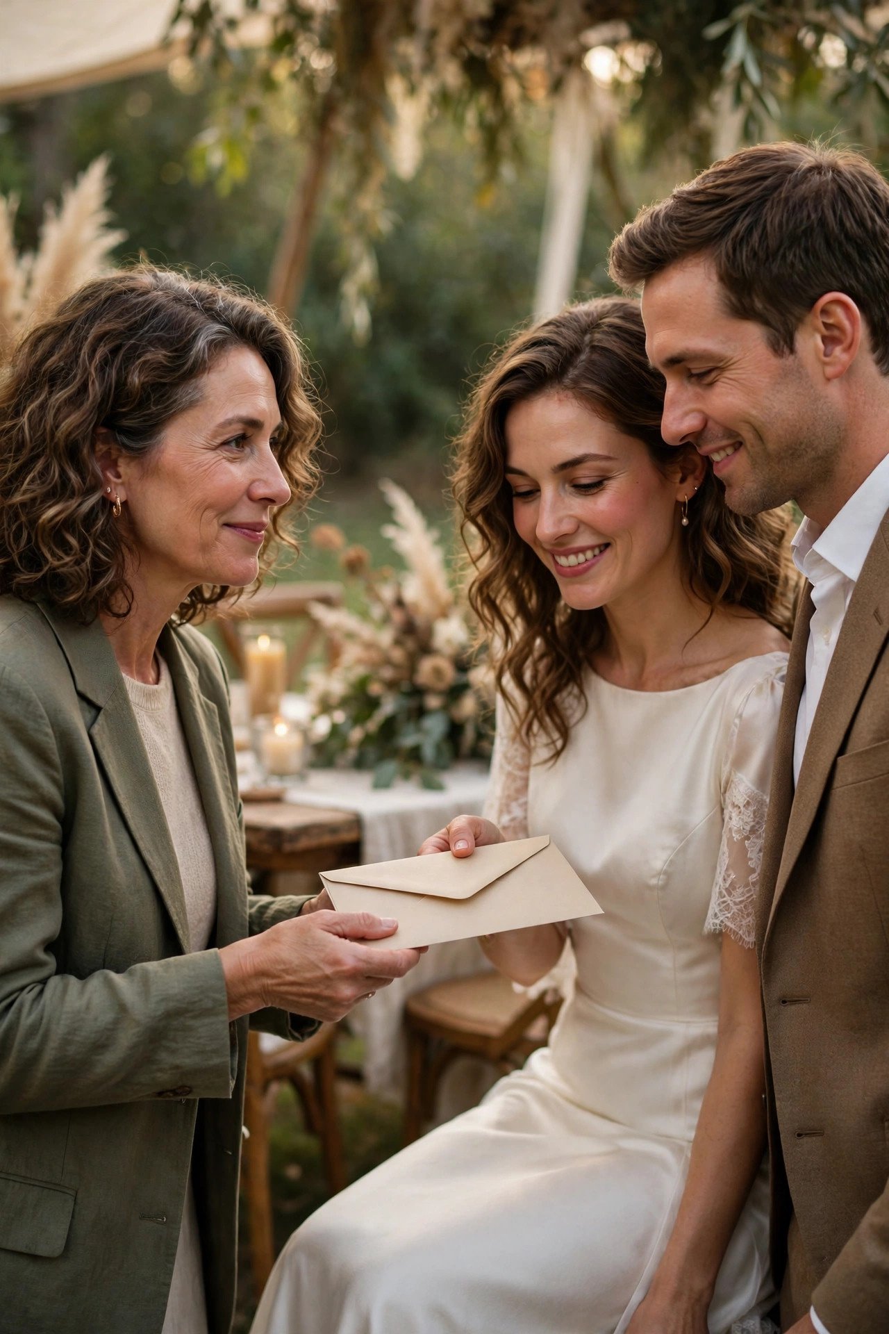 A guest handing a sealed envelope to a couple at their reception