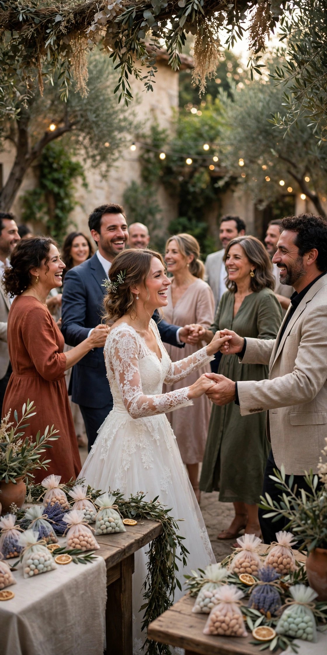 A diaspora Italian wedding reception with confetti favors and a tarantella circle