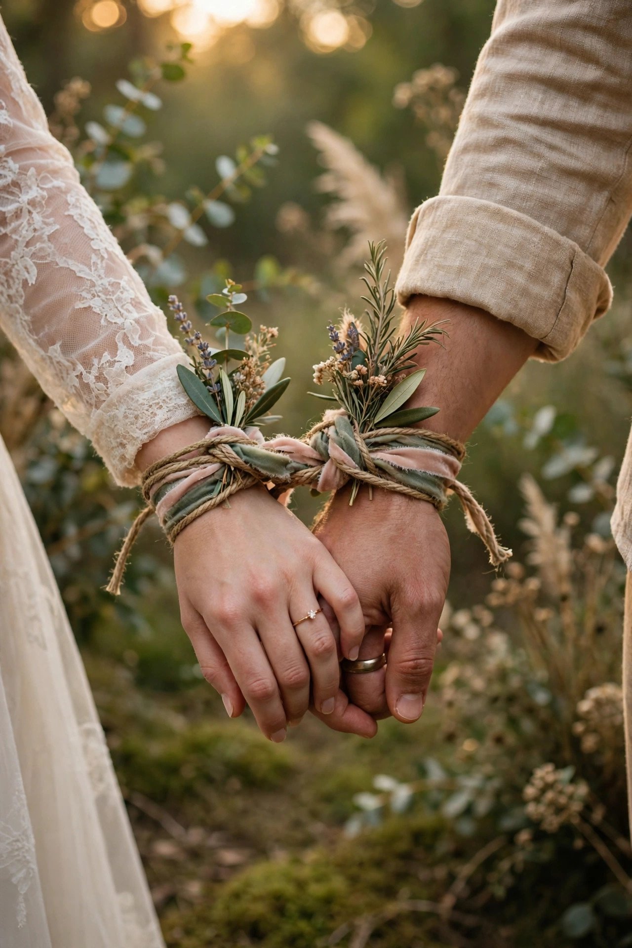 A couple's hands bound with woven cords during a handfasting ceremony