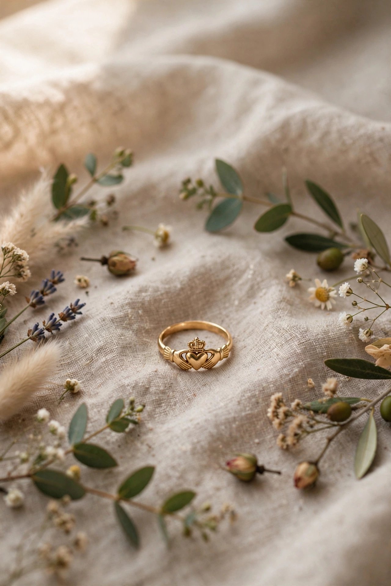 A Claddagh ring with hands, heart and crown resting on linen