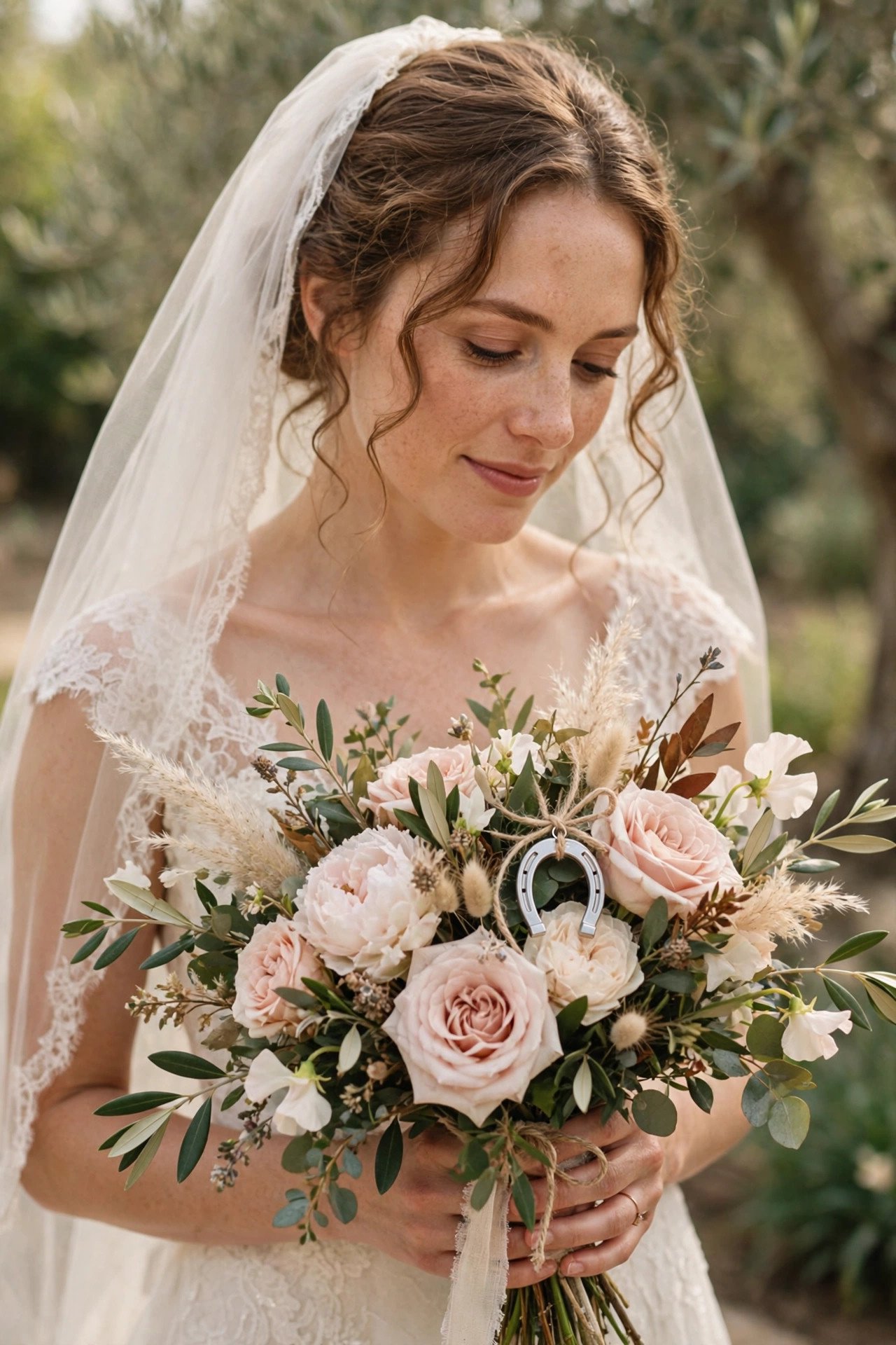 A small silver horseshoe charm attached to a bride's bouquet