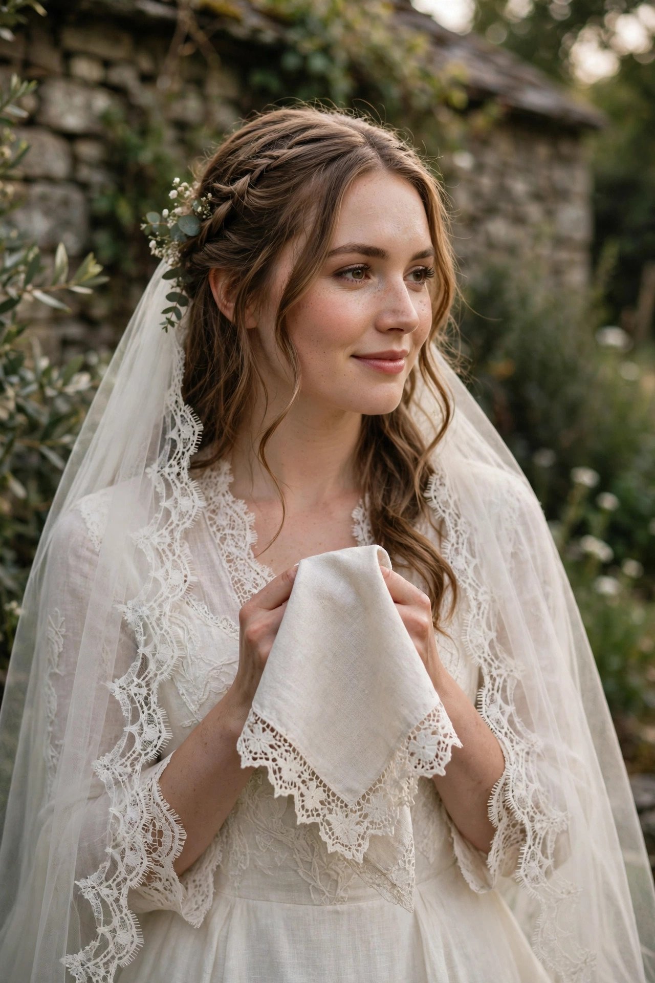 Delicate Irish lace edging on a bride's veil and handkerchief