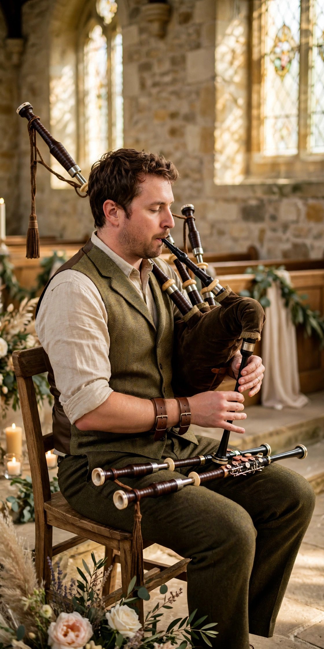 An uilleann piper playing at a wedding ceremony in a stone chapel