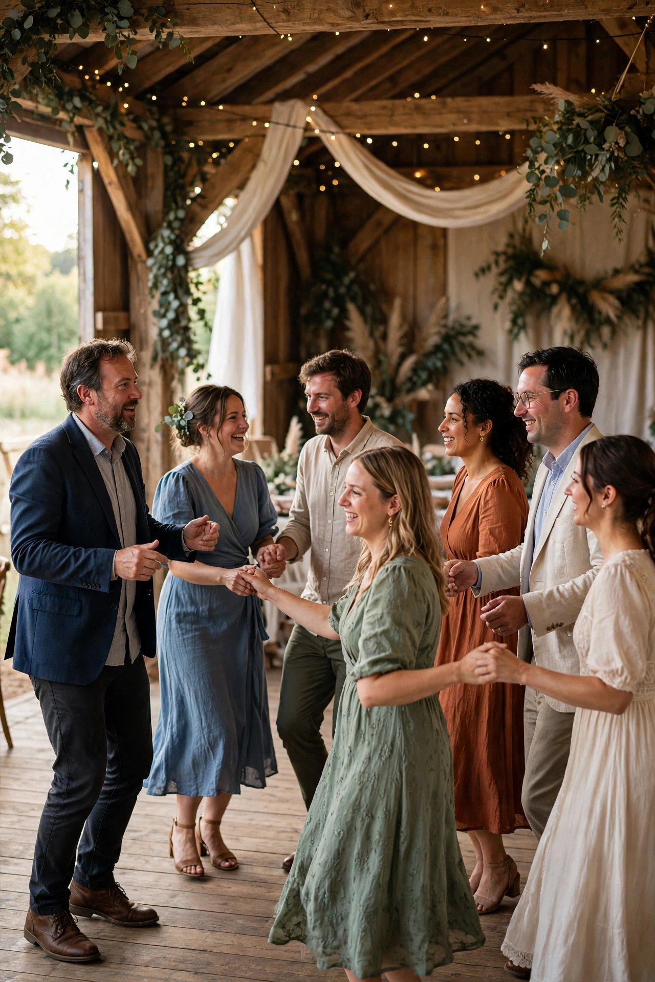 Guests dancing a céilí set dance led by a caller at a wedding reception