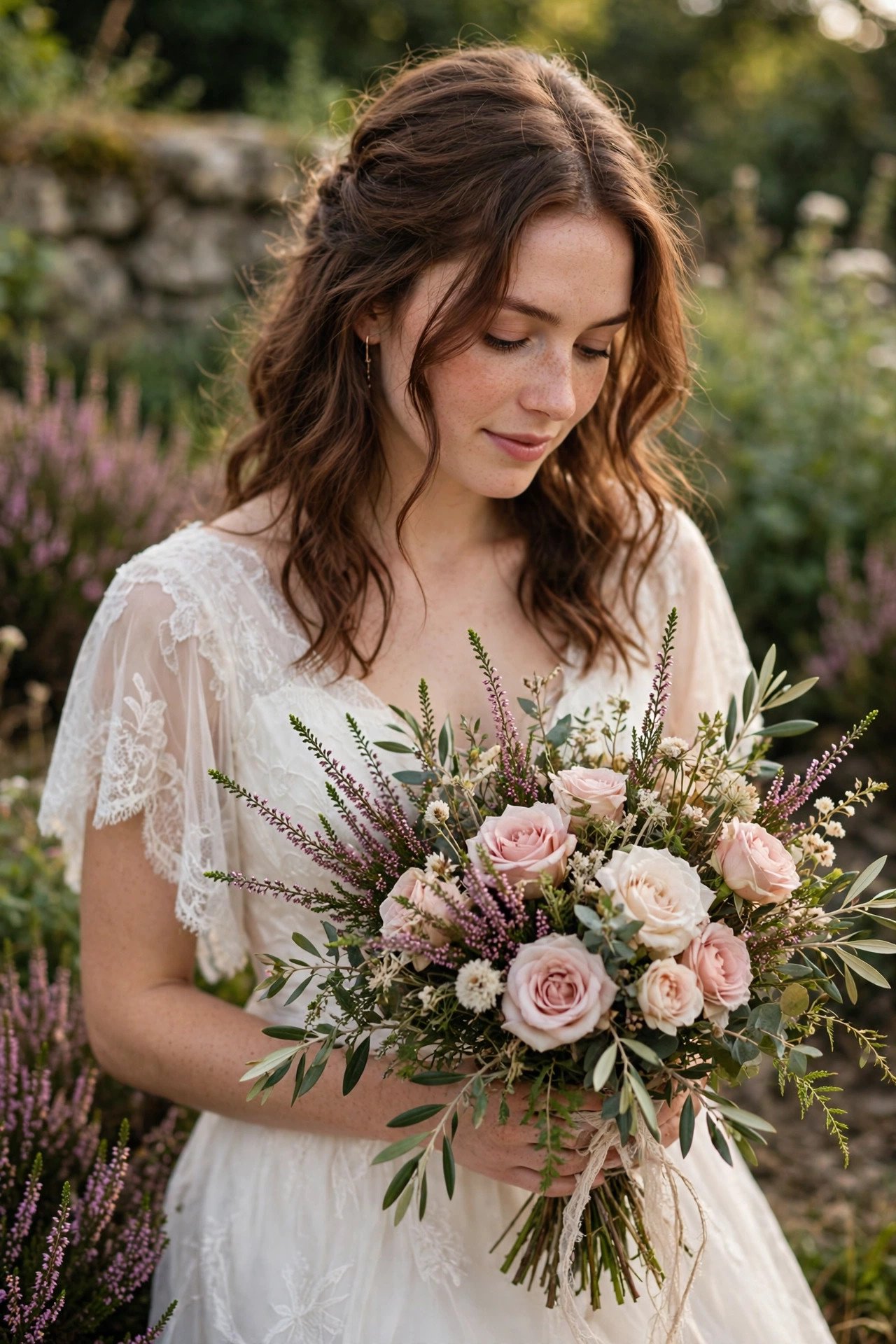 A loose bouquet of heather, roses and greenery in wild-inspired styling