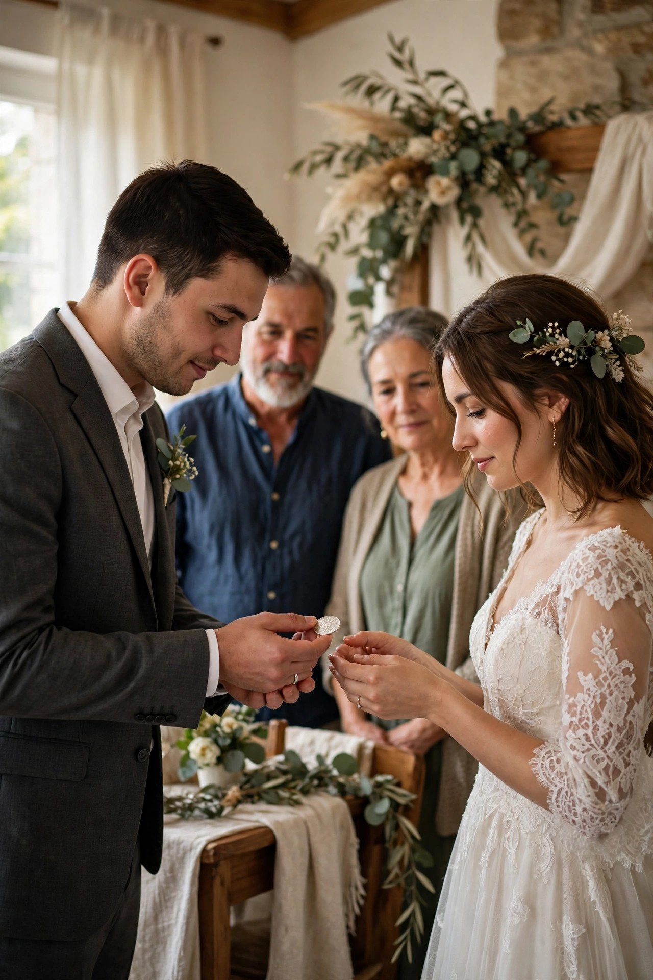 A groom presenting a silver coin to his bride in a small family ceremony moment