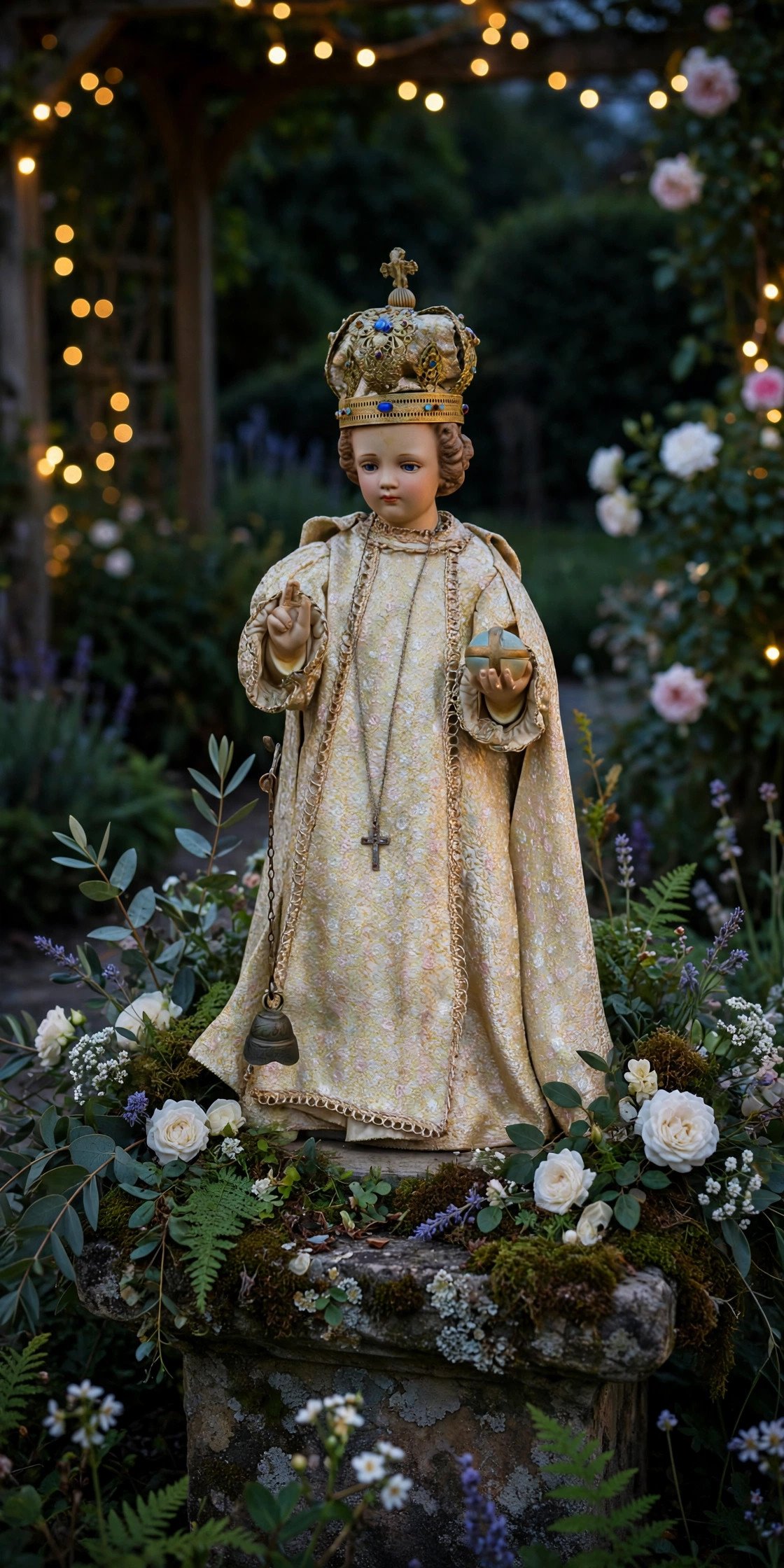 A small Child of Prague statue placed in a garden the night before a wedding