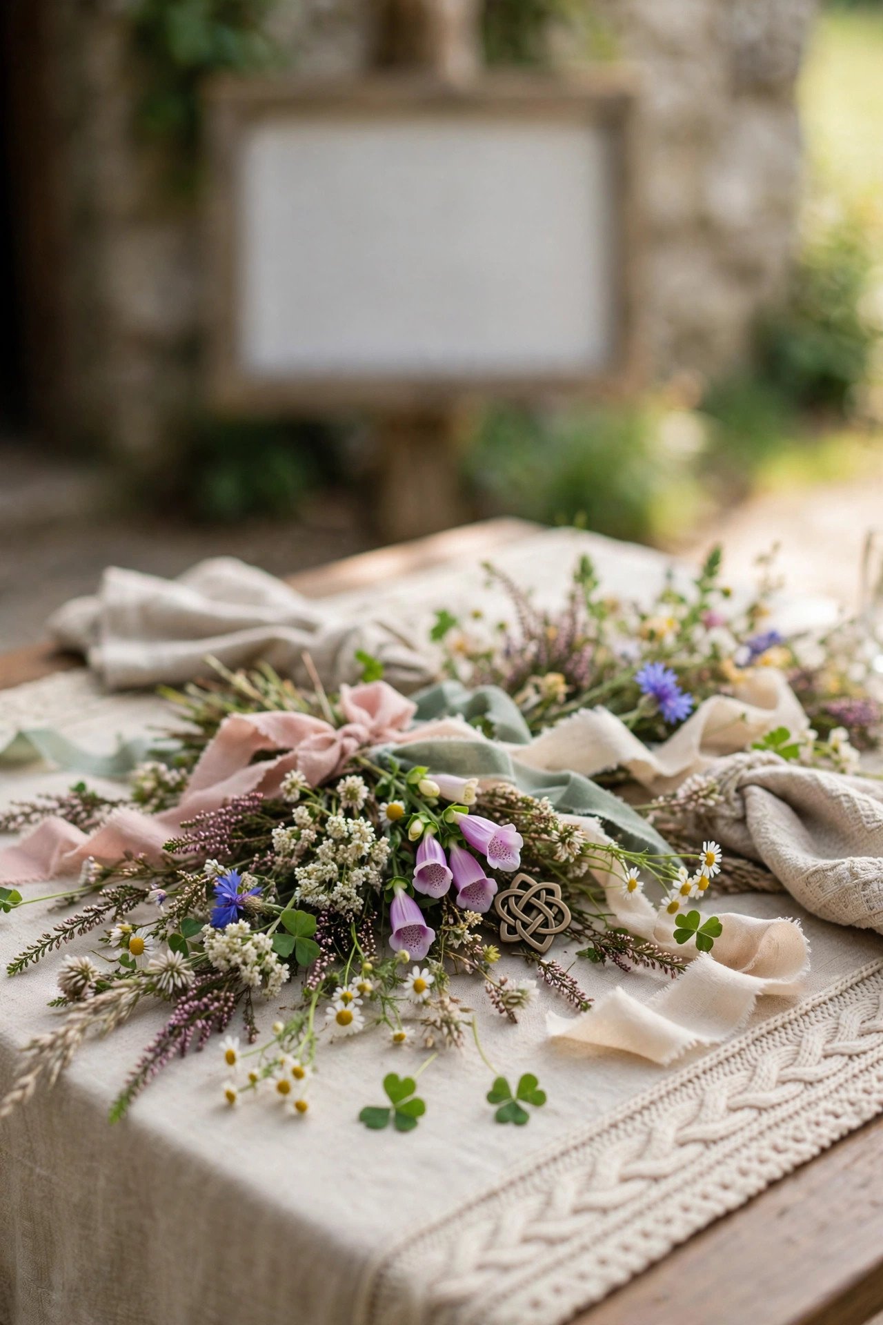 Wedding signage with the word grá in calligraphy beside wildflowers