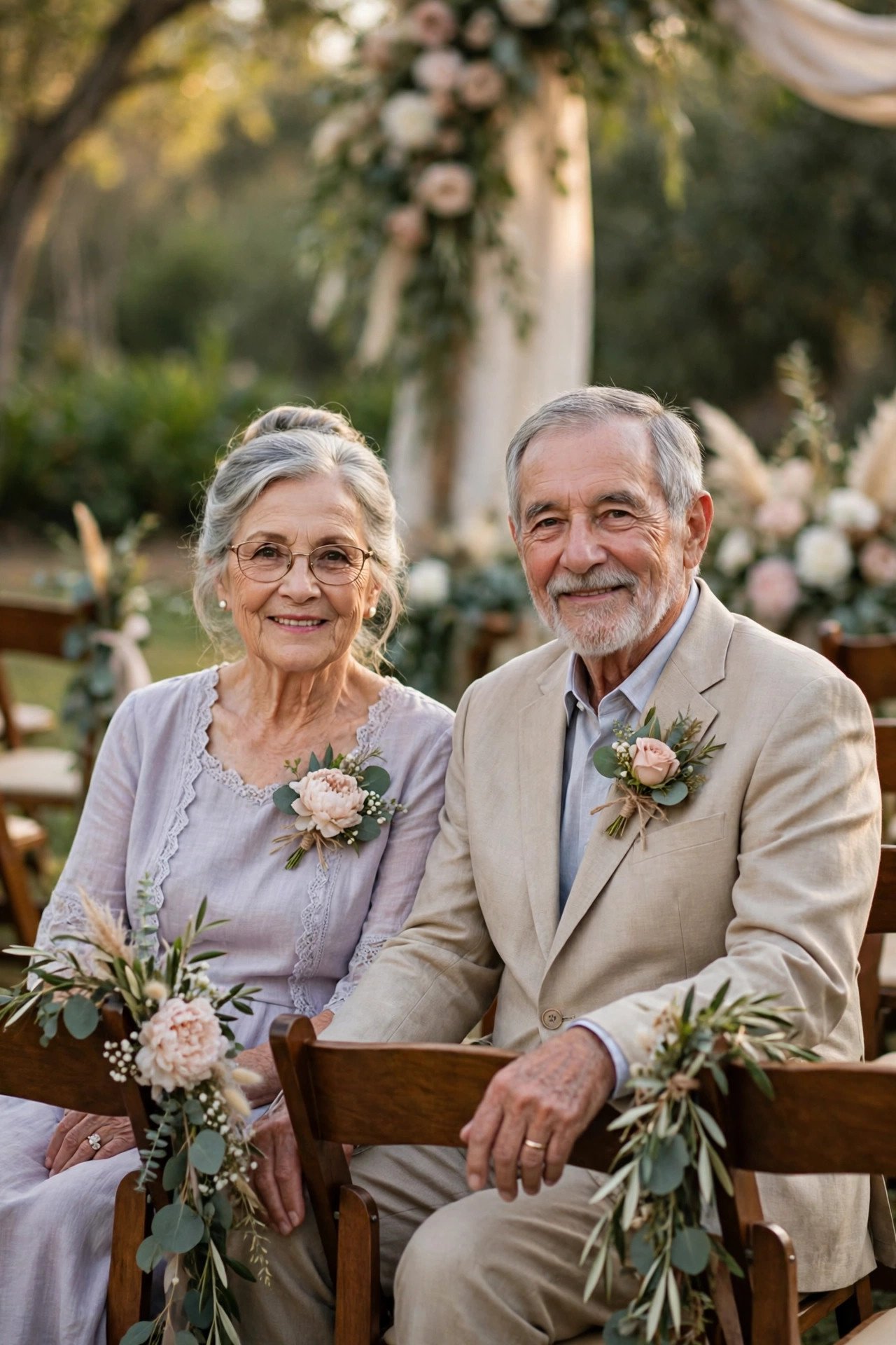 Grandparents in corsages seated in the front row at a wedding ceremony