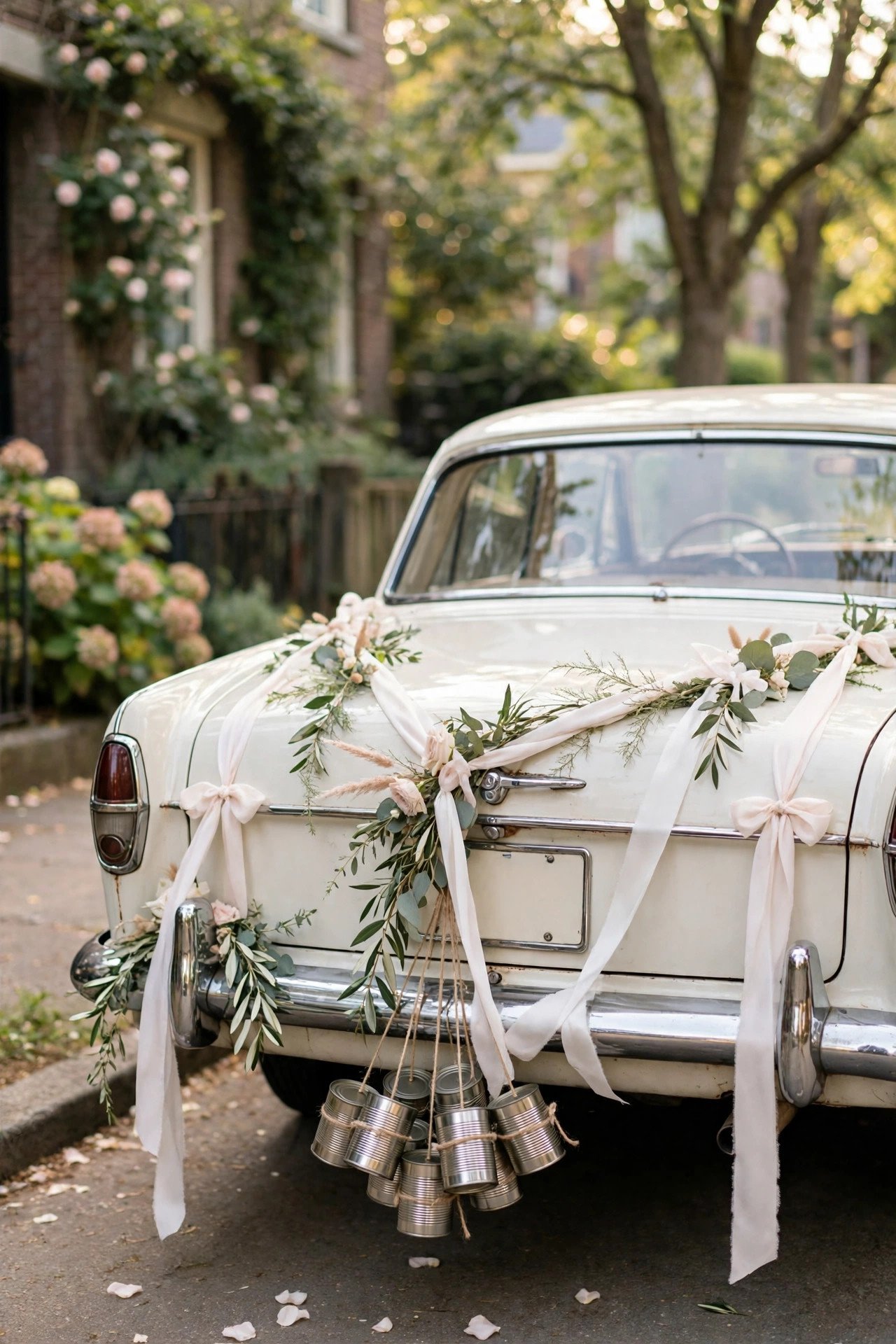 A wedding car decorated with ribbons and a just-married sign