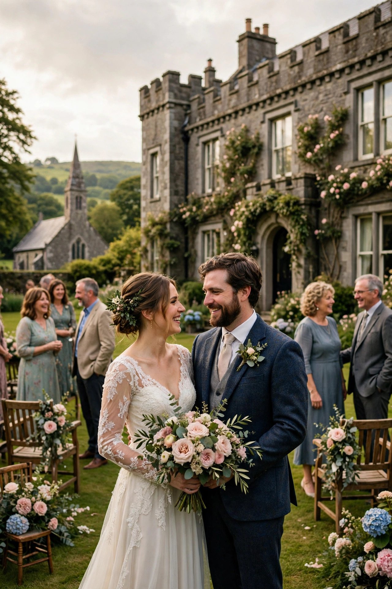 A country house wedding venue in Ireland with guests on the lawn
