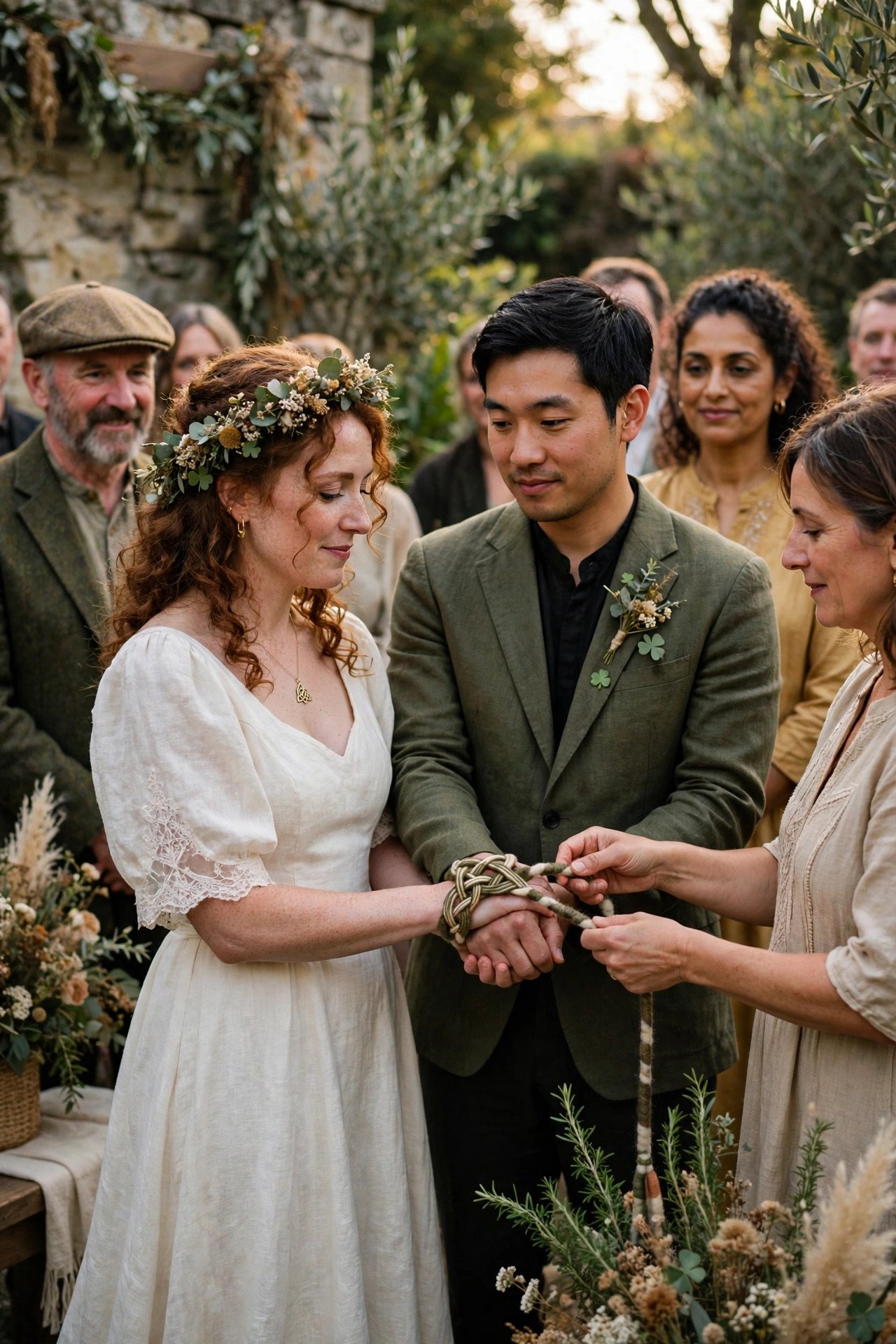 A handfasting ceremony at a diaspora wedding with Irish and local guests