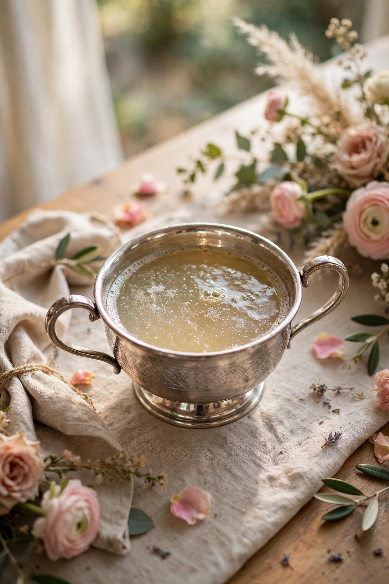 A silver quaich with two handles engraved with a couple's names on a wedding table