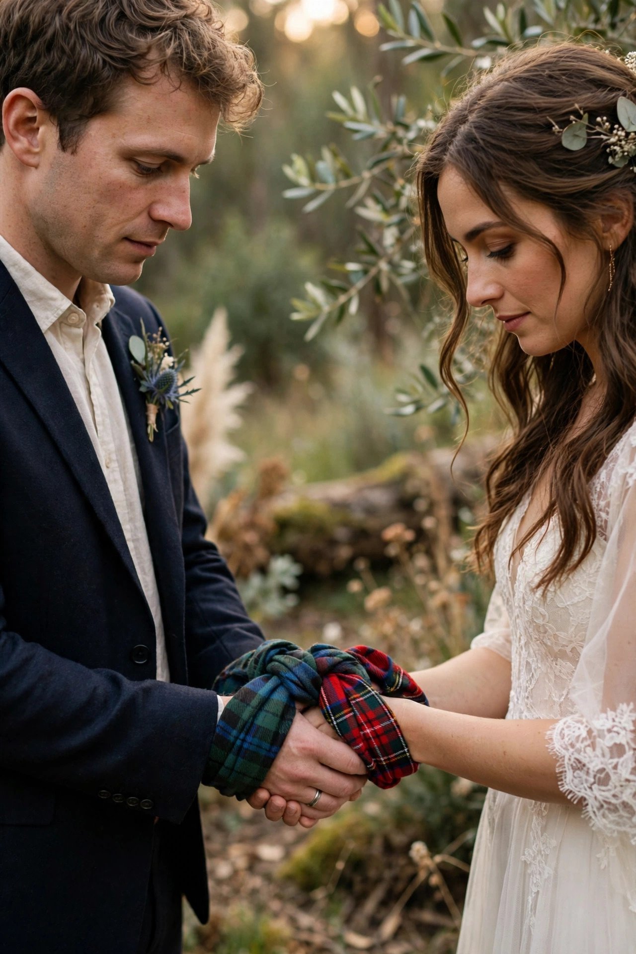 A couple's hands bound with two different tartan cloths during handfasting