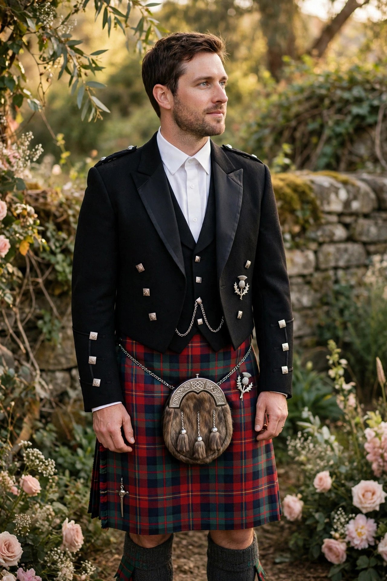 A groom in full Highland dress with kilt, Prince Charlie jacket and sporran