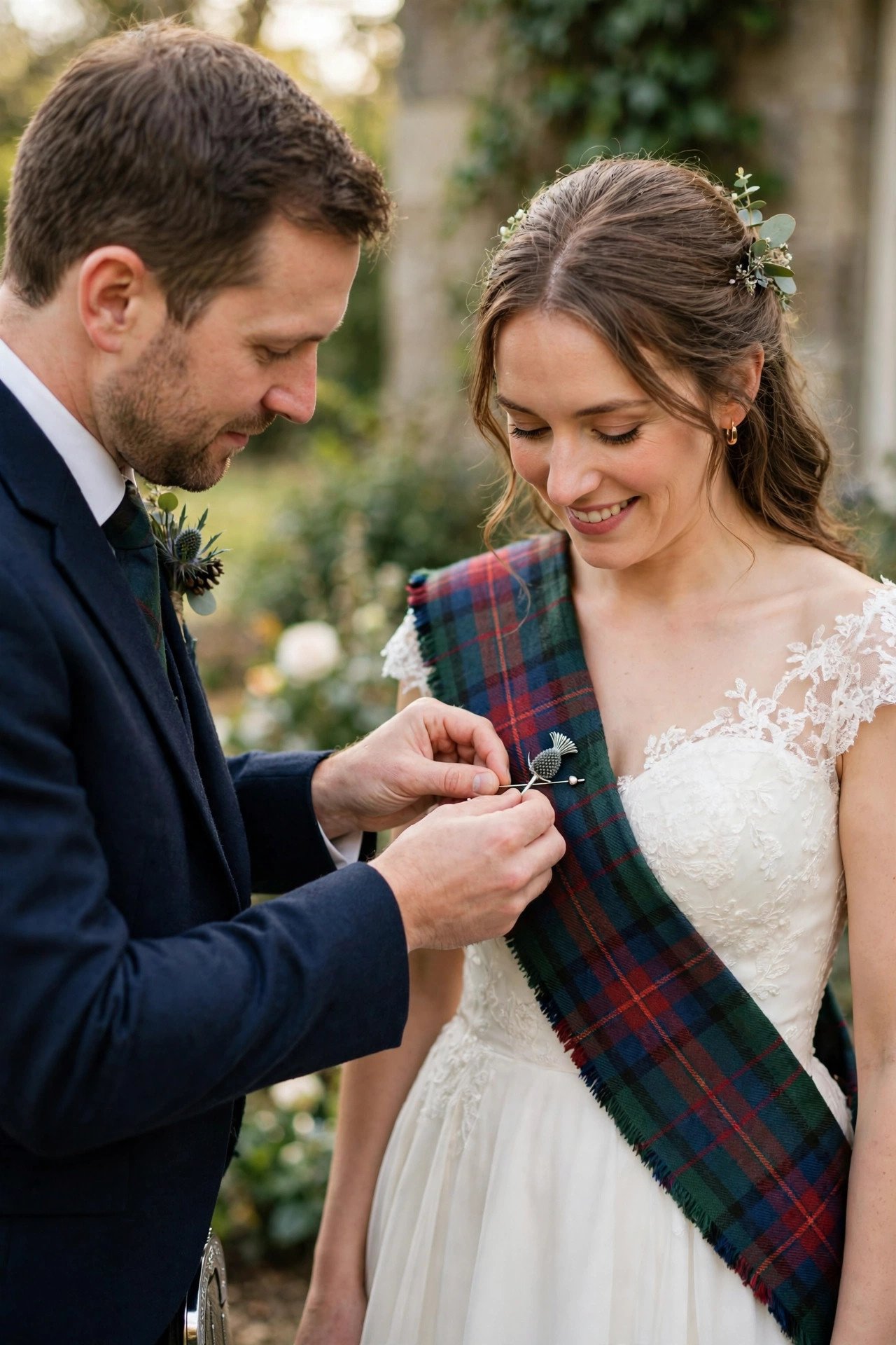 A groom pinning a tartan sash onto his bride's dress after the vows