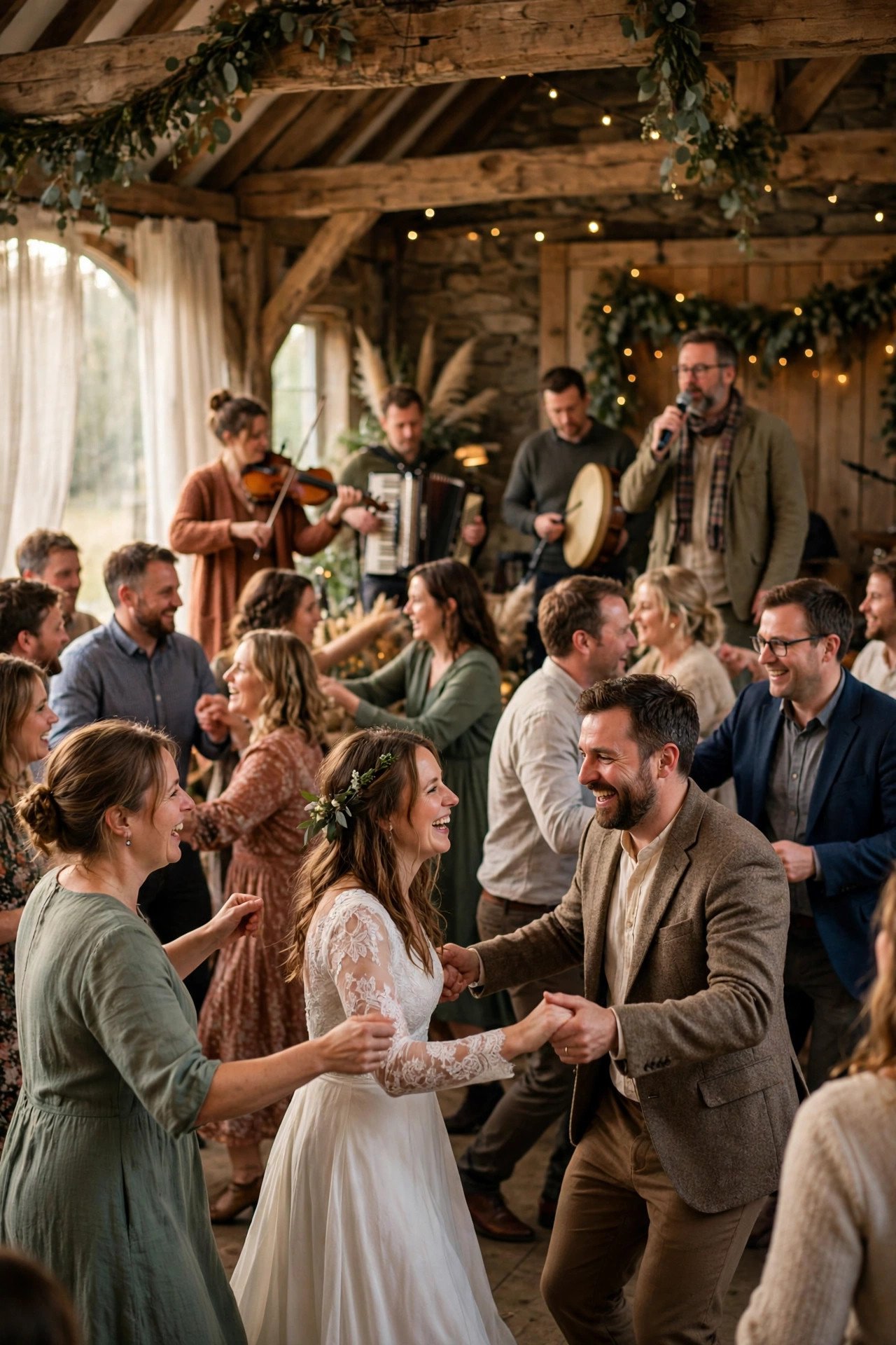 Guests dancing a lively ceilidh set with a live band at a wedding reception