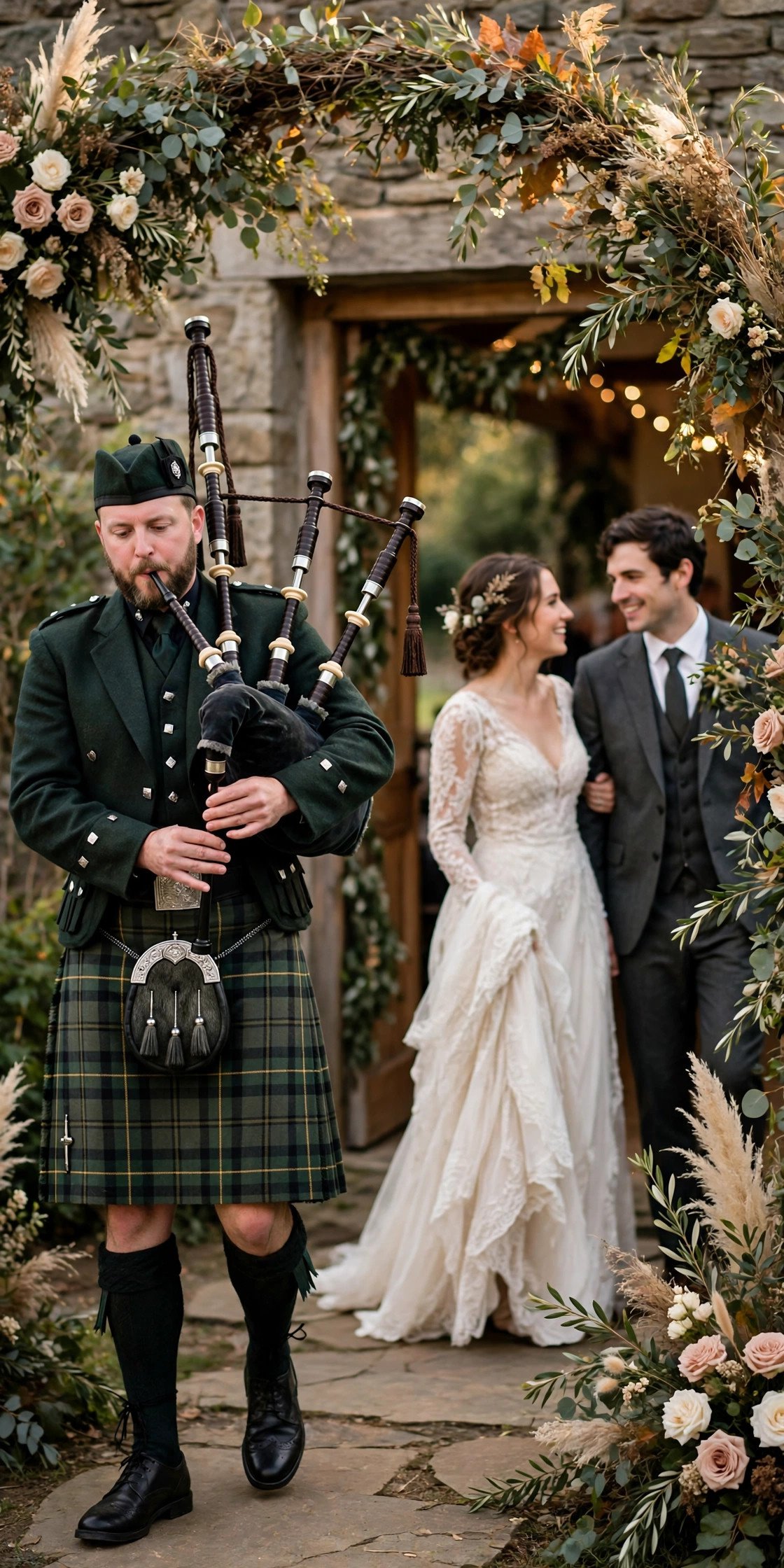 A piper in Highland dress piping a couple into their reception