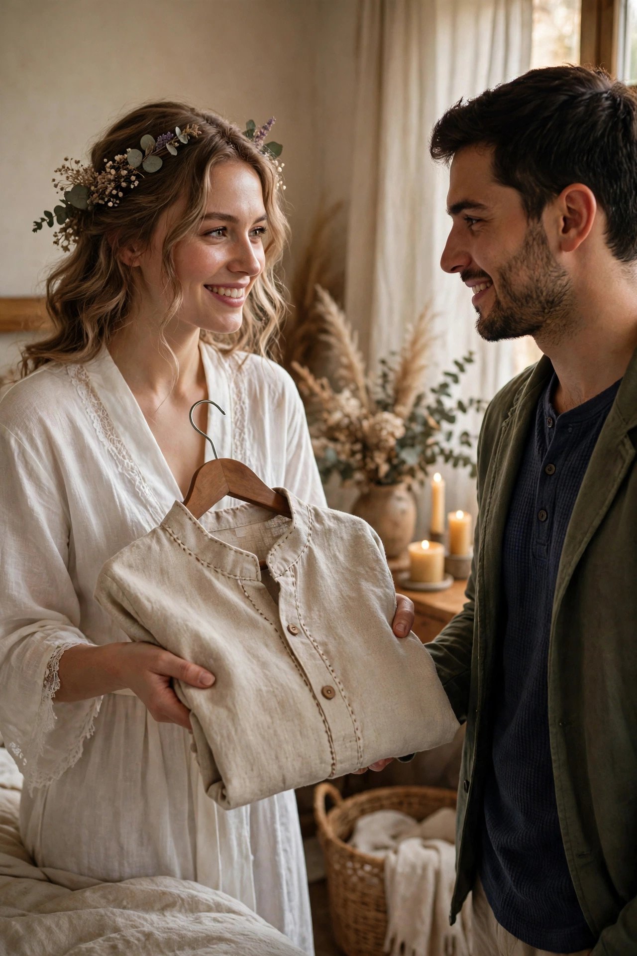 A bride presenting a handmade shirt to her groom the night before the wedding