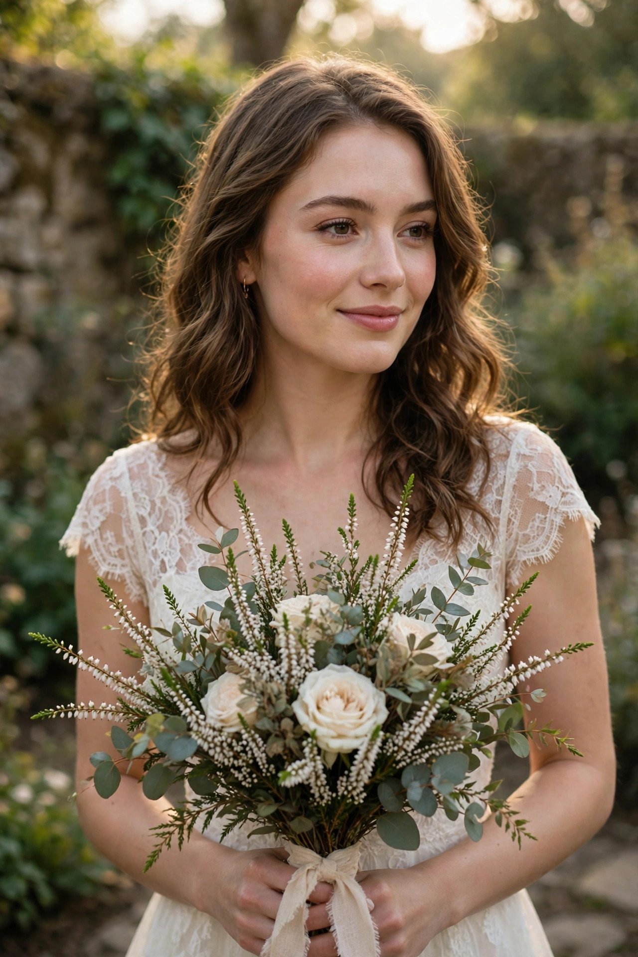 White heather sprigs tucked into a bride's bouquet