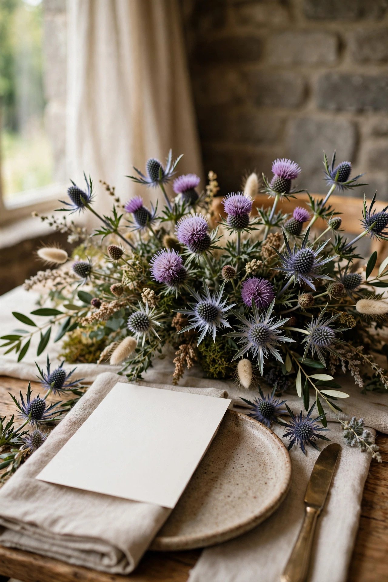 Thistle and sea holly motifs in wedding stationery and table flowers