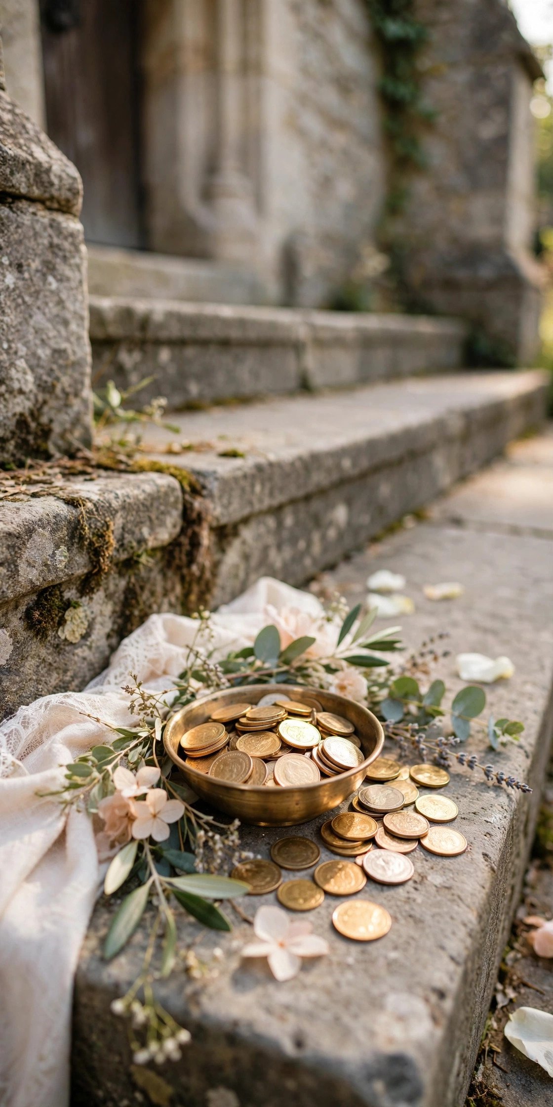 Children scrambling happily for coins thrown outside a church after a wedding