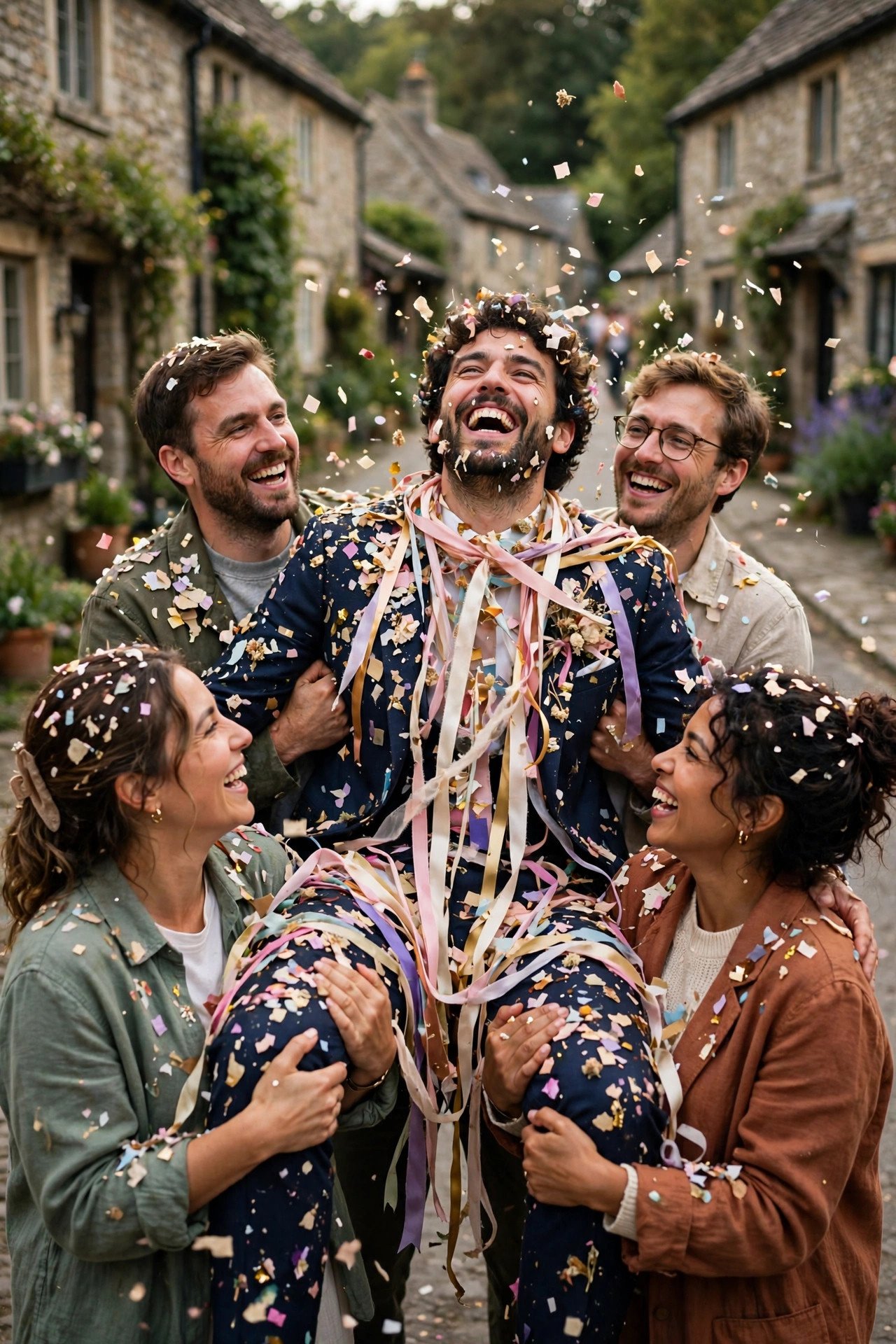 Friends joyfully parading a blackened groom through a village before his wedding