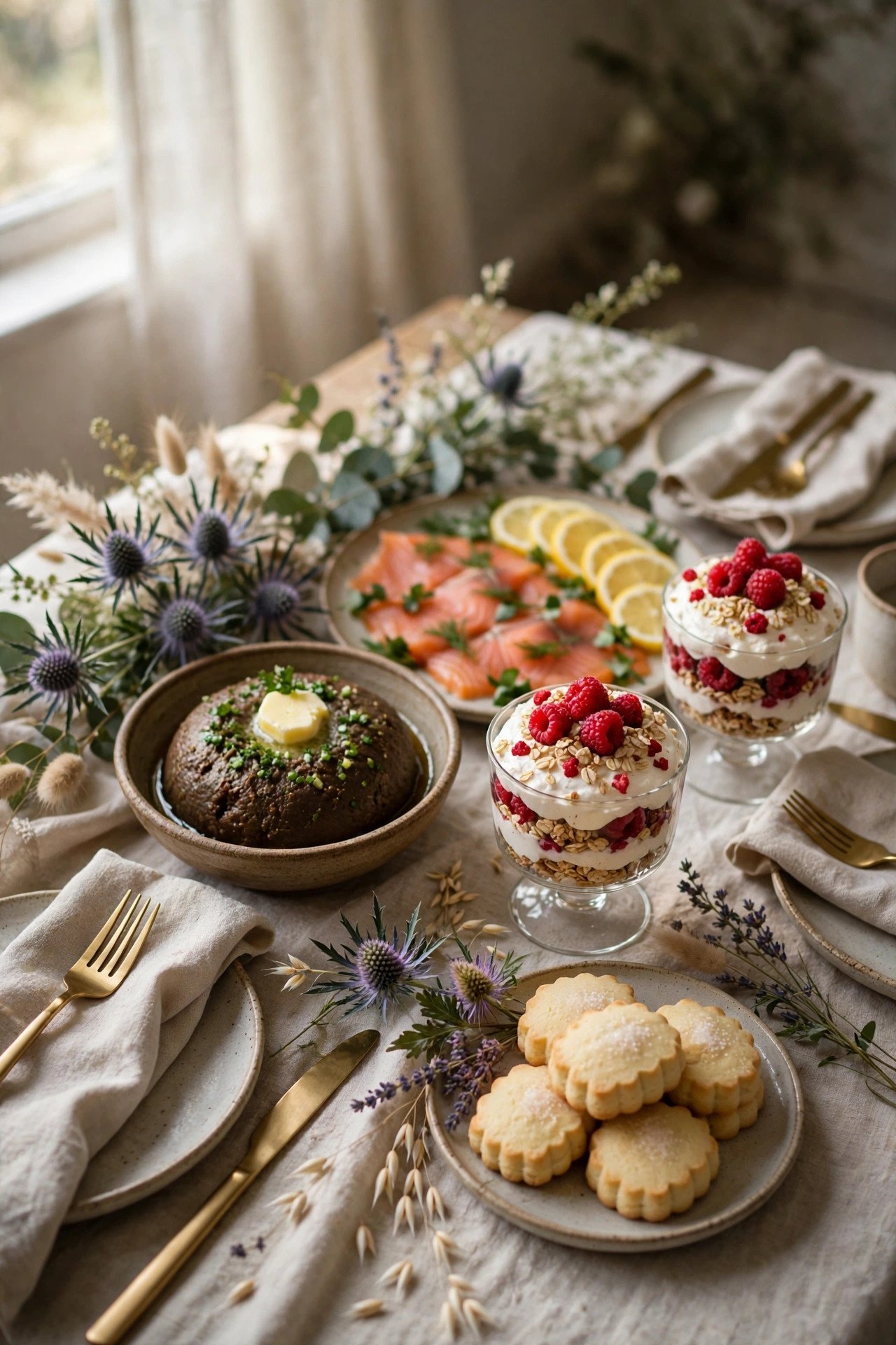 A wedding table with haggis, salmon, cranachan and shortbread