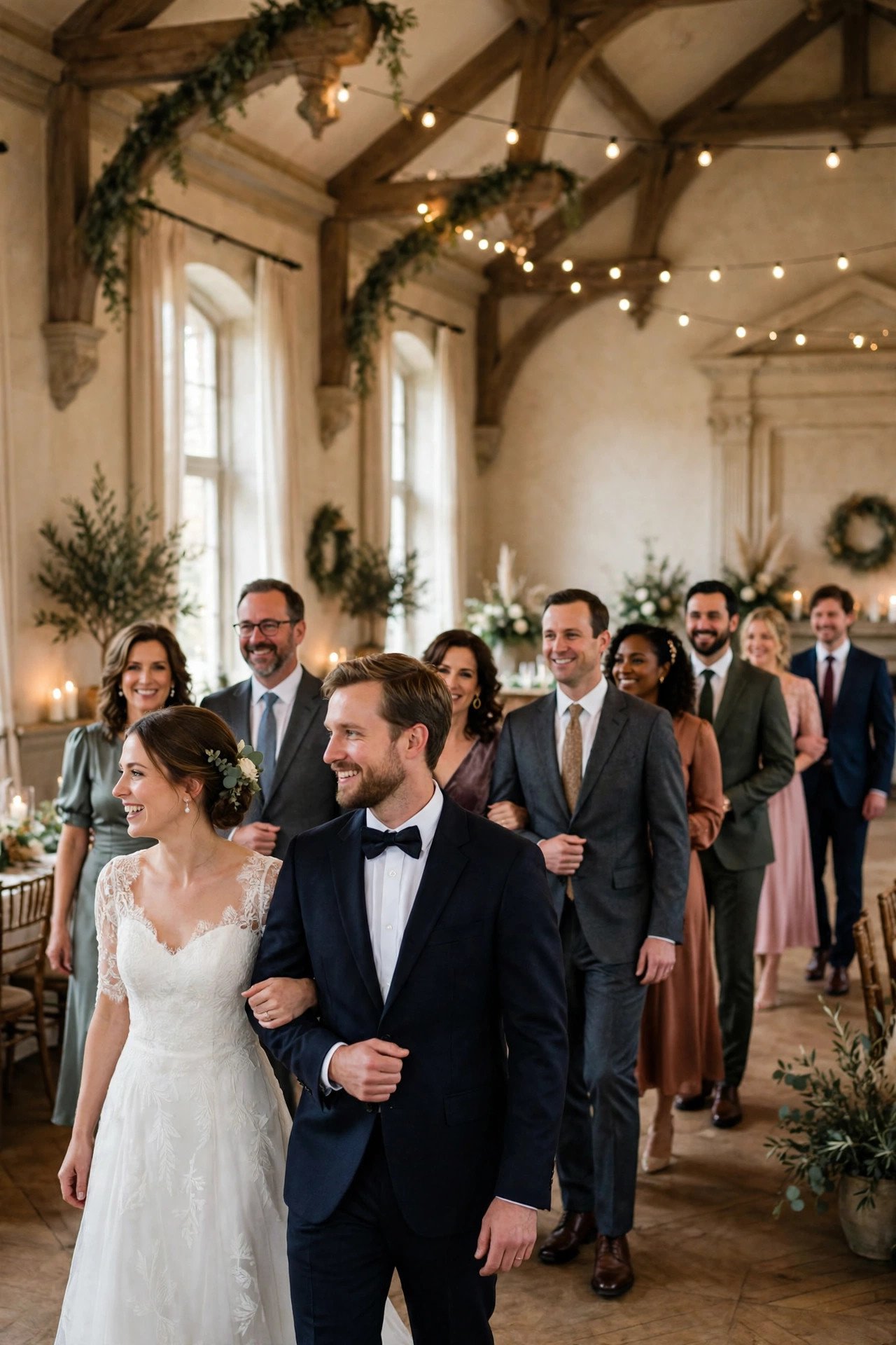 Couples processing around the hall in a grand march led by the newlyweds